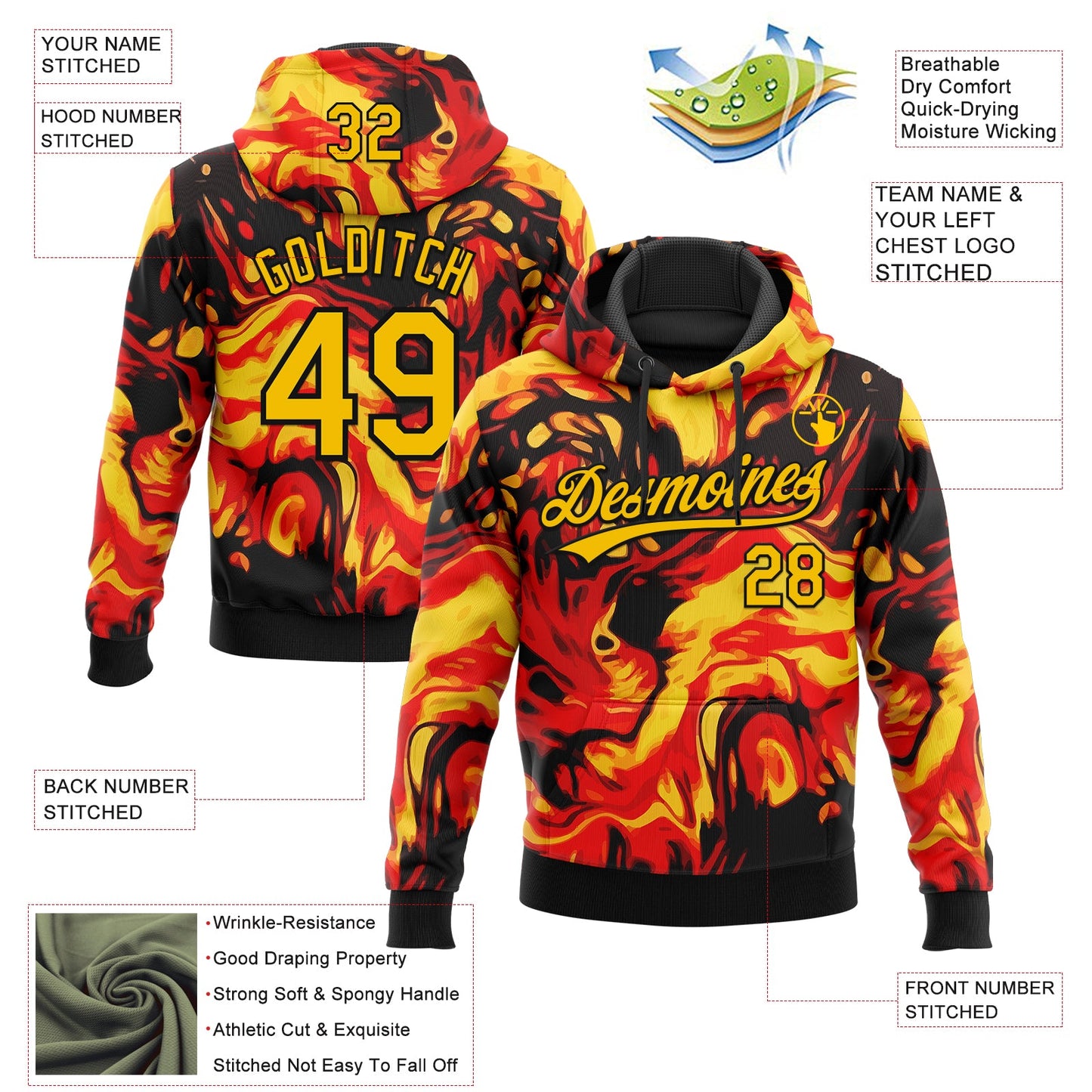 Custom Stitched Black Gold-Red 3D Pattern Design Flame Sports Pullover Sweatshirt Hoodie view 2
