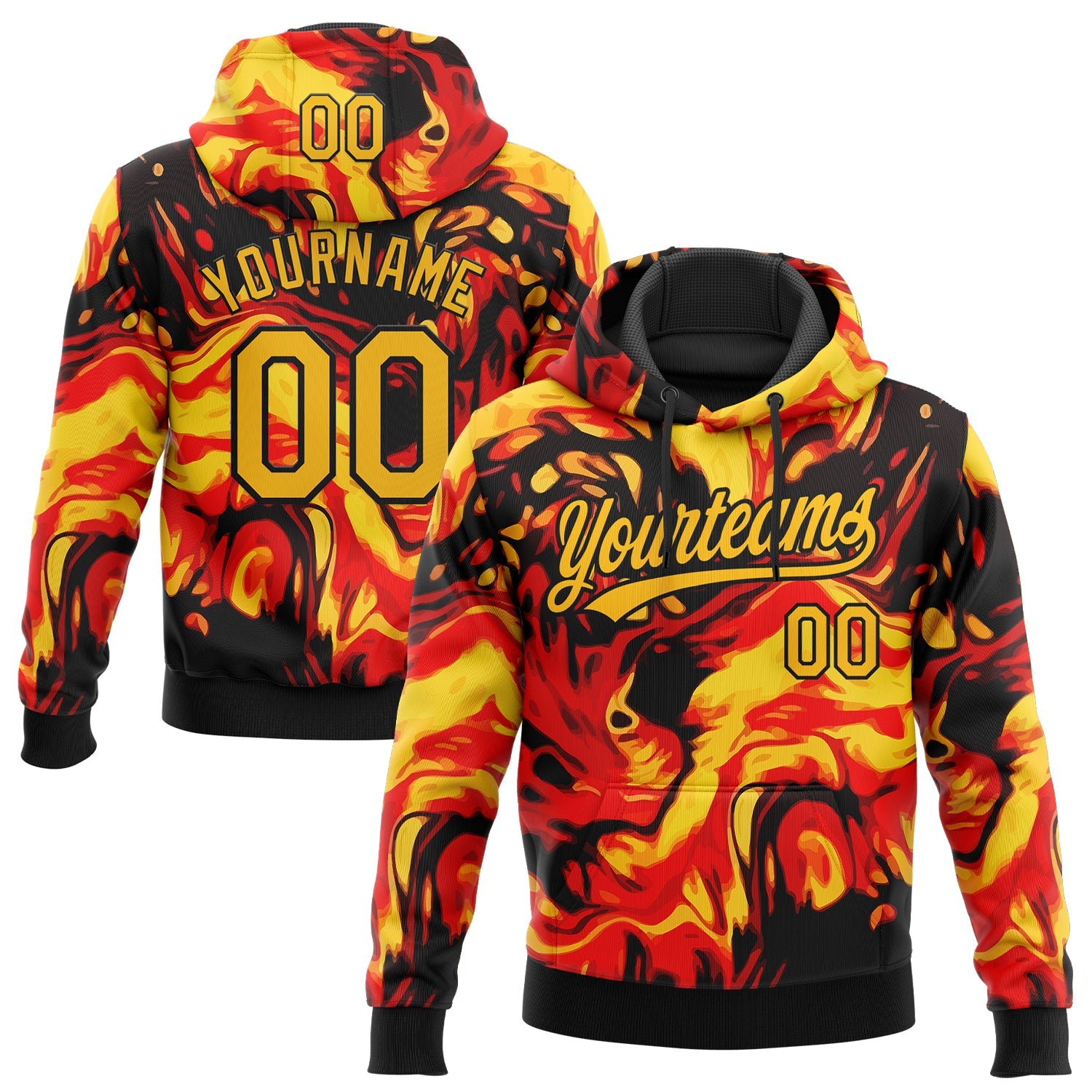 Custom Stitched Black Gold-Red 3D Pattern Design Flame Sports Pullover Sweatshirt Hoodie - Main View