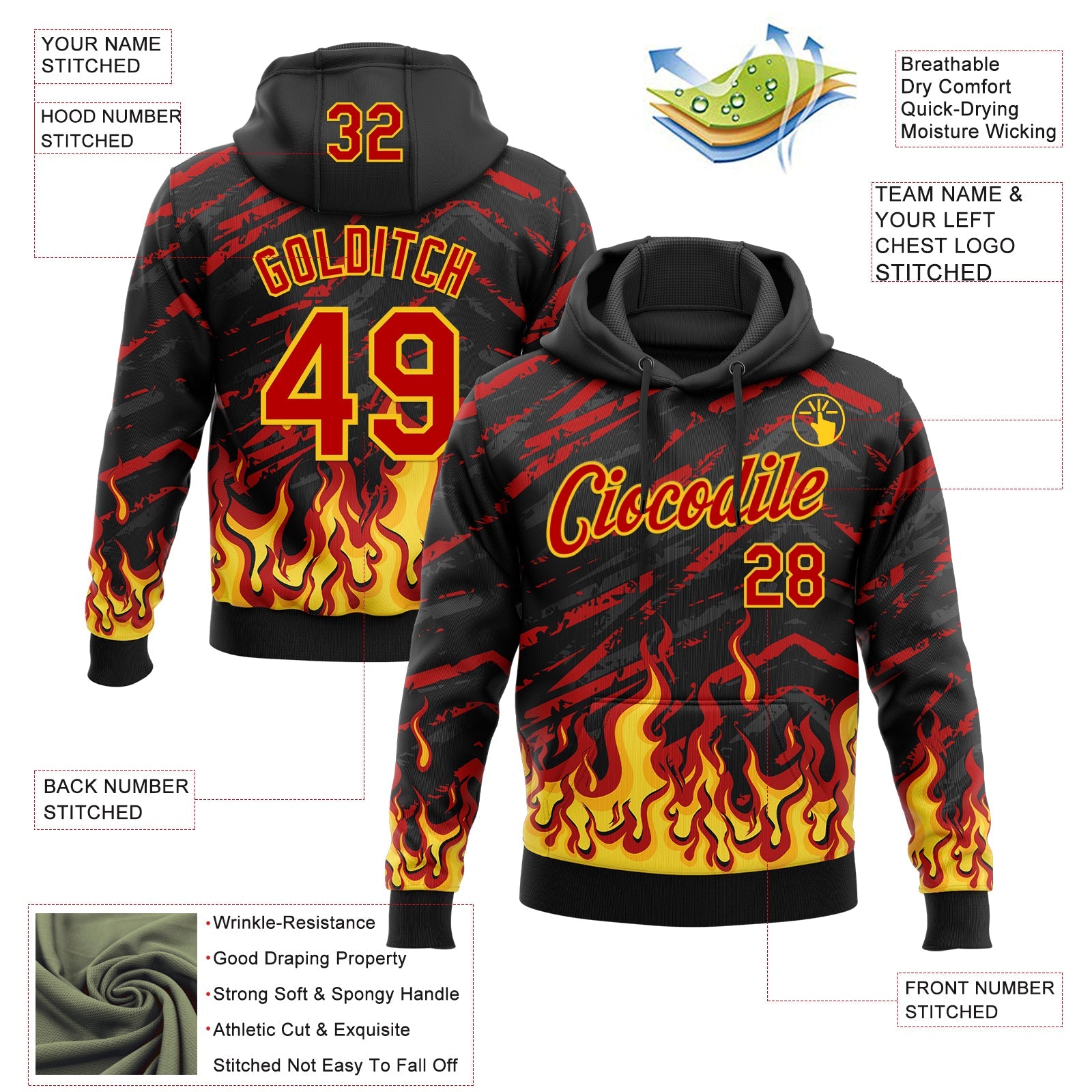 Custom Stitched Black Red-Yellow 3D Pattern Design Flame Sports Pullover Sweatshirt Hoodie view 2