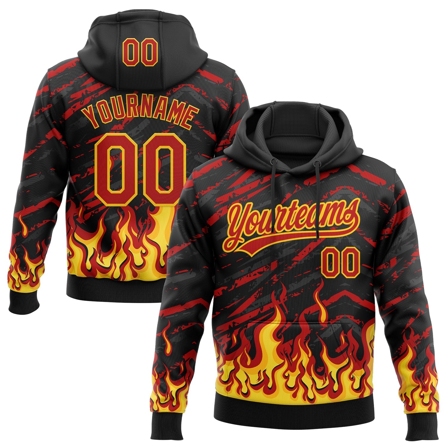 Custom Stitched Black Red-Yellow 3D Pattern Design Flame Sports Pullover Sweatshirt Hoodie - Main View