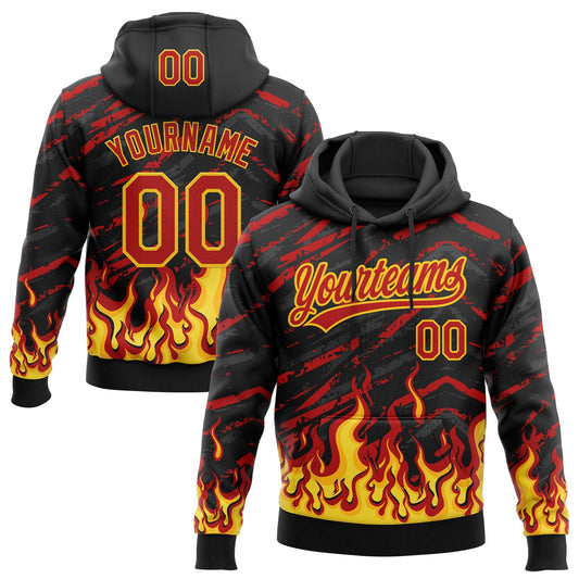 Custom Stitched Black Red-Yellow 3D Pattern Design Flame Sports Pullover Sweatshirt Hoodie - Main View