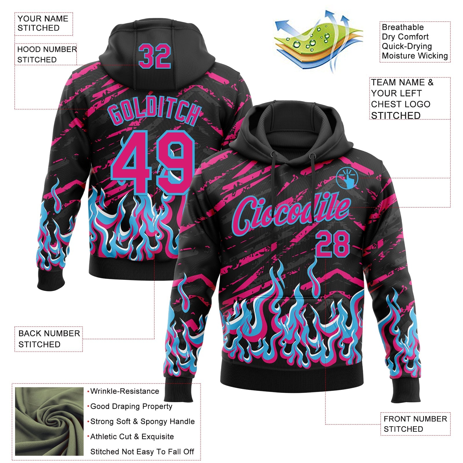 Custom Stitched Black Hot Pink-Sky Blue 3D Pattern Design Flame Sports Pullover Sweatshirt Hoodie view 2