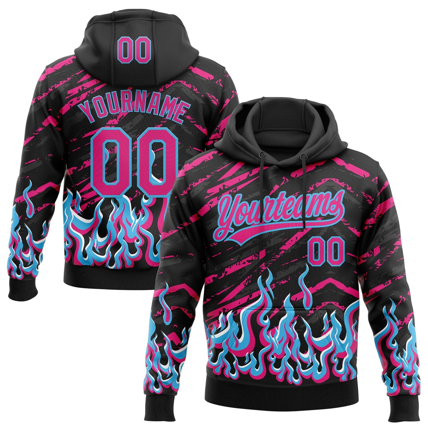 Custom Stitched Black Hot Pink-Sky Blue 3D Pattern Design Flame Sports Pullover Sweatshirt Hoodie - Main View