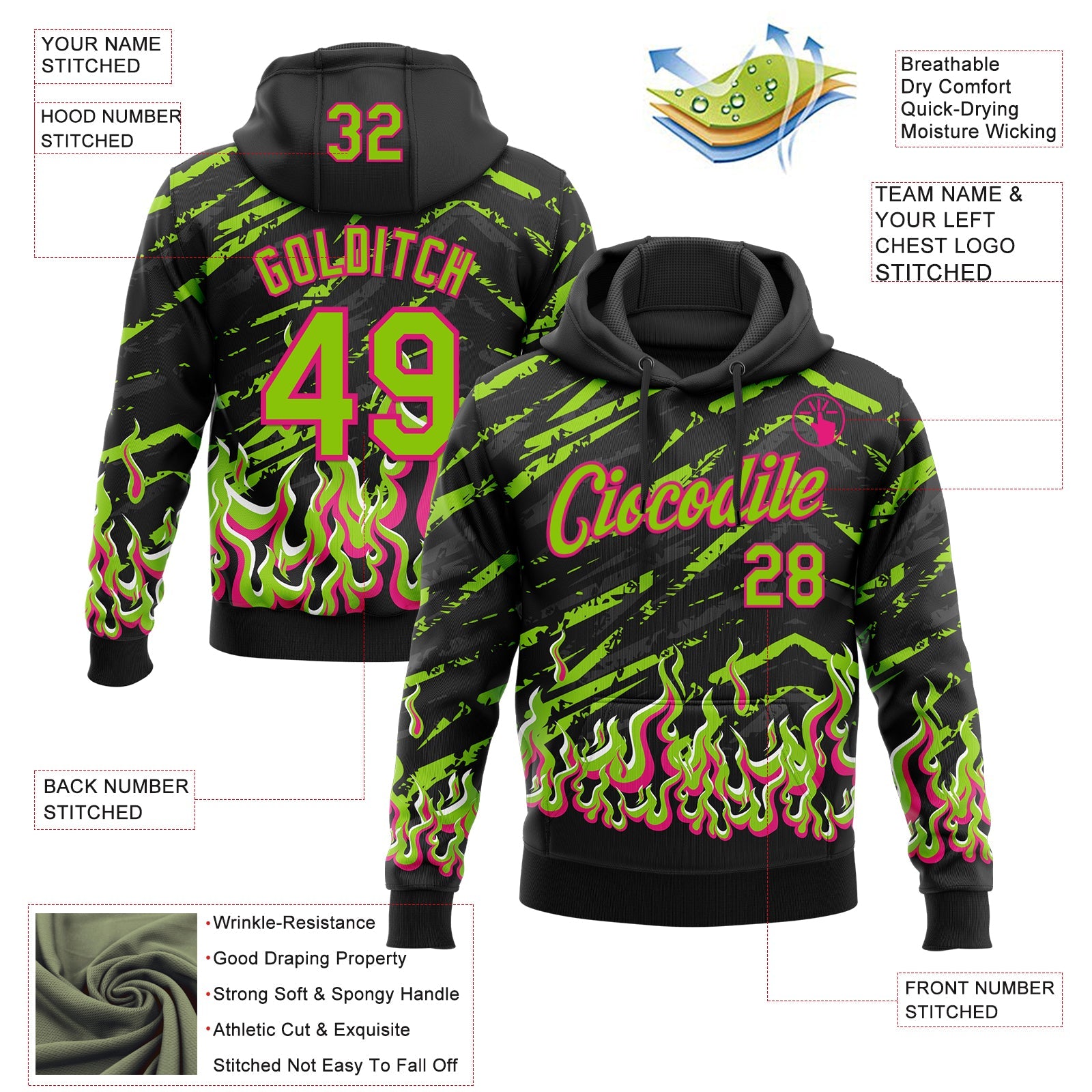 Custom Stitched Black Neon Green Hot Pink-White 3D Pattern Design Flame Sports Pullover Sweatshirt Hoodie view 2