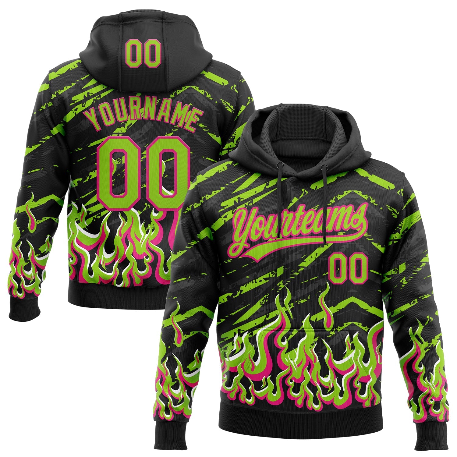 Custom Stitched Black Neon Green Hot Pink-White 3D Pattern Design Flame Sports Pullover Sweatshirt Hoodie - Main View