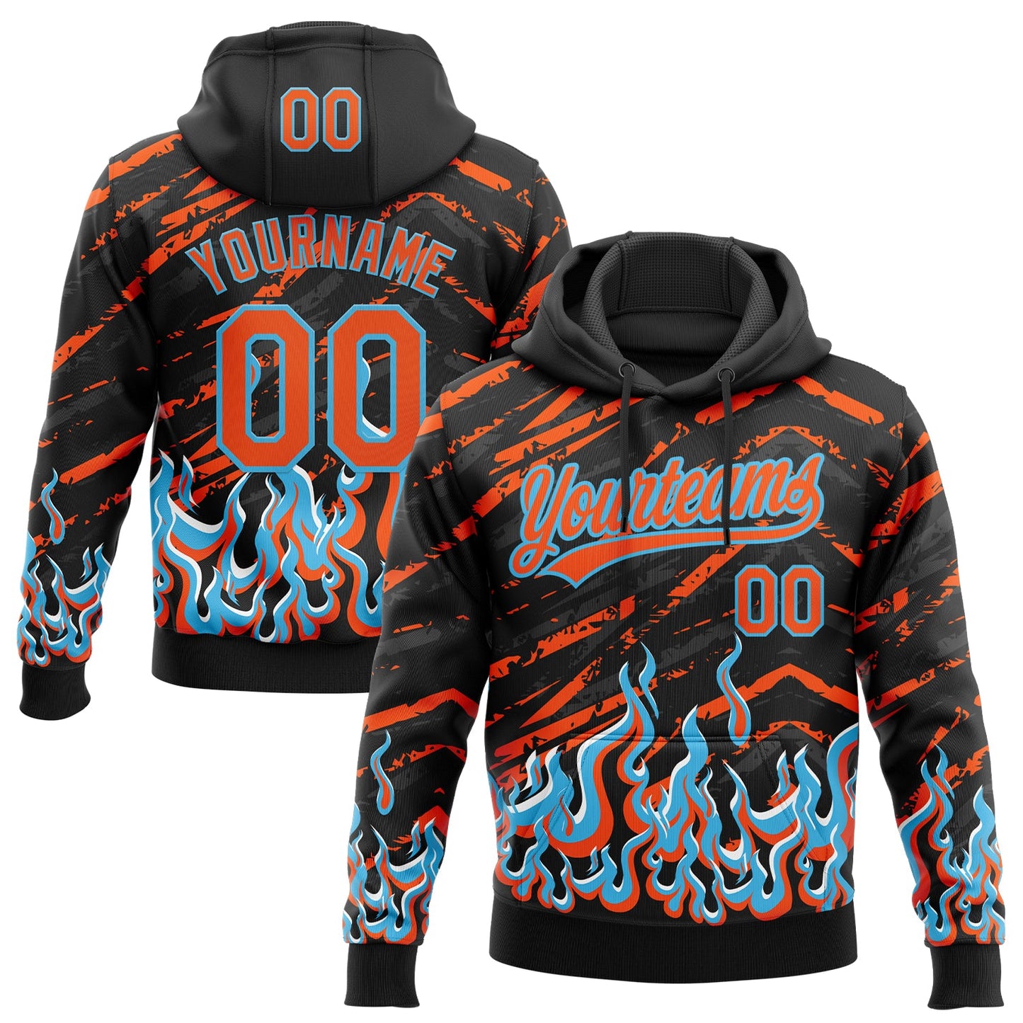 Custom Stitched Black Orange Lakes Blue-White 3D Pattern Design Flame Sports Pullover Sweatshirt Hoodie - Main View