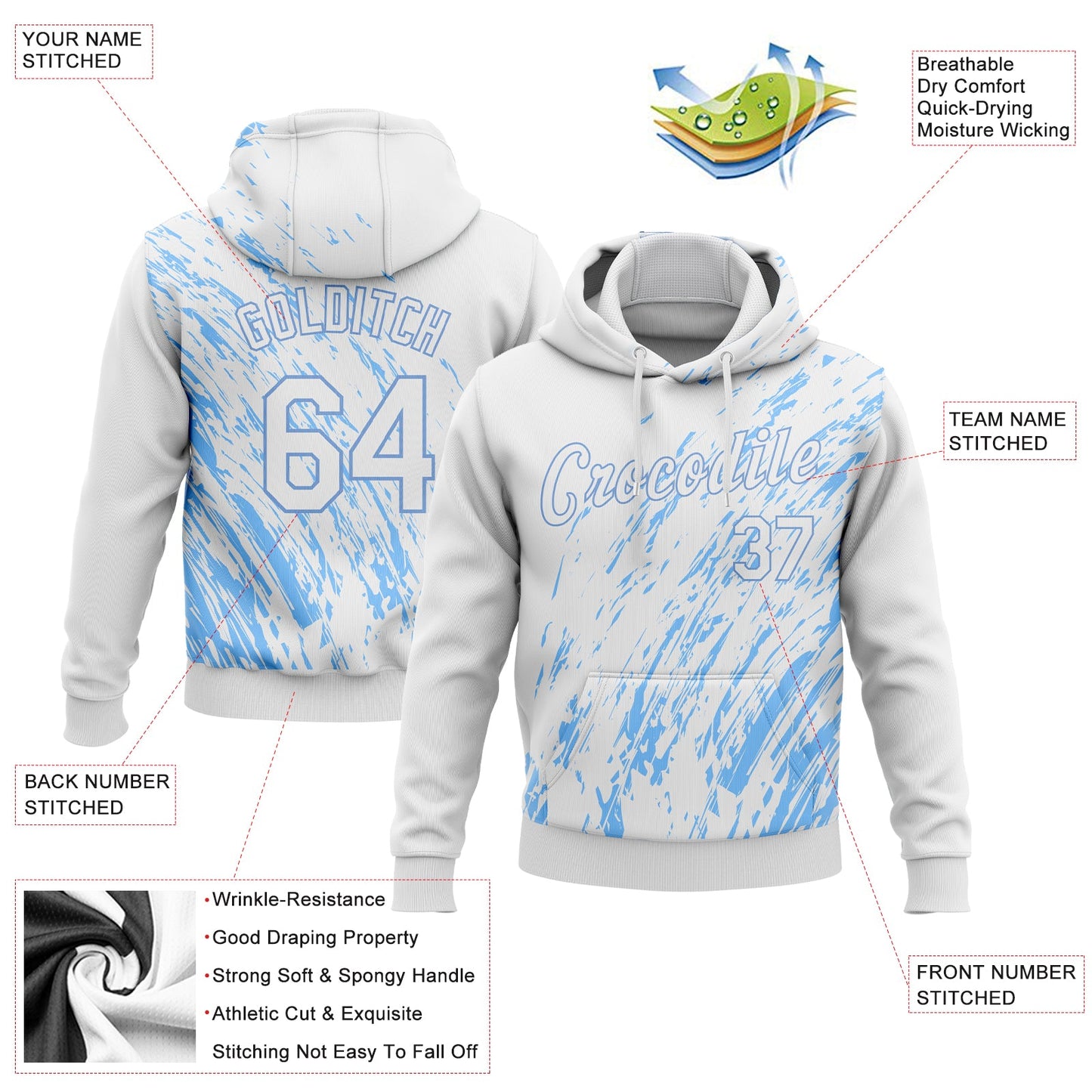 Custom Stitched White White-Light Blue 3D Pattern Design Sports Pullover Sweatshirt Hoodie view 2