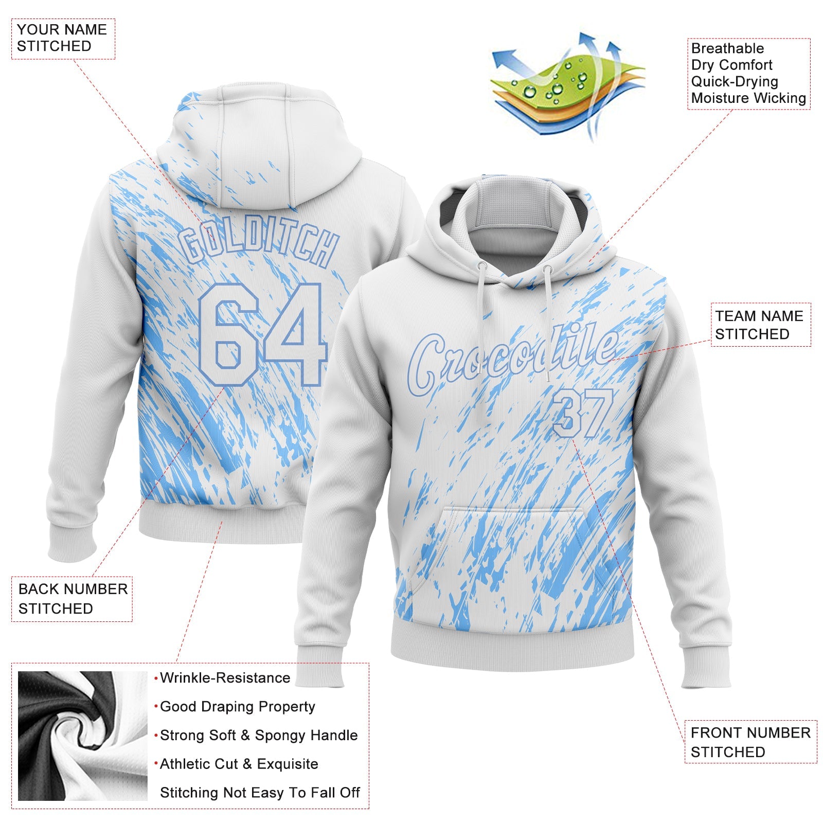 Custom Stitched White White-Light Blue 3D Pattern Design Sports Pullover Sweatshirt Hoodie view 2
