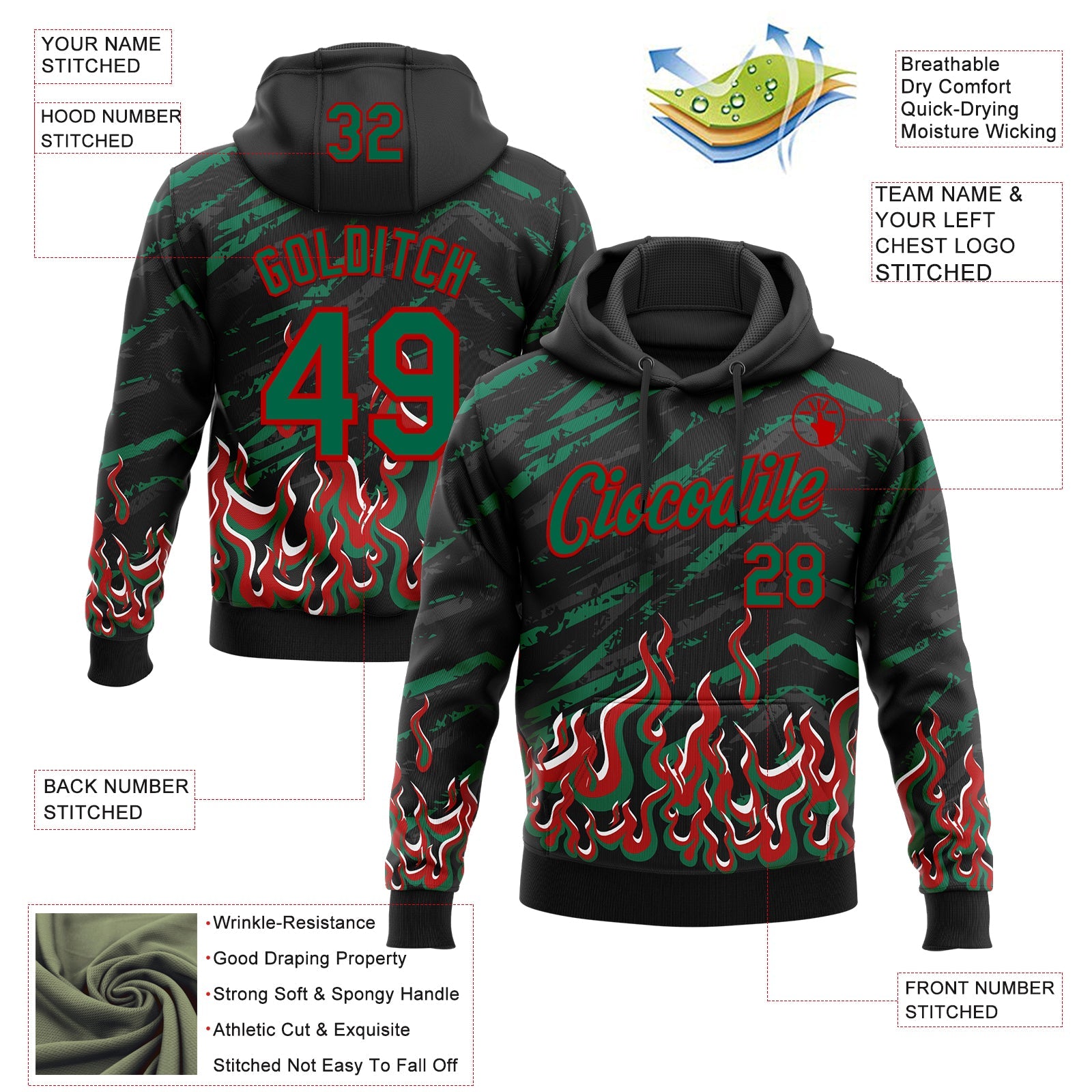Custom Stitched Black Kelly Green Red-White 3D Pattern Design Flame Sports Pullover Sweatshirt Hoodie view 2