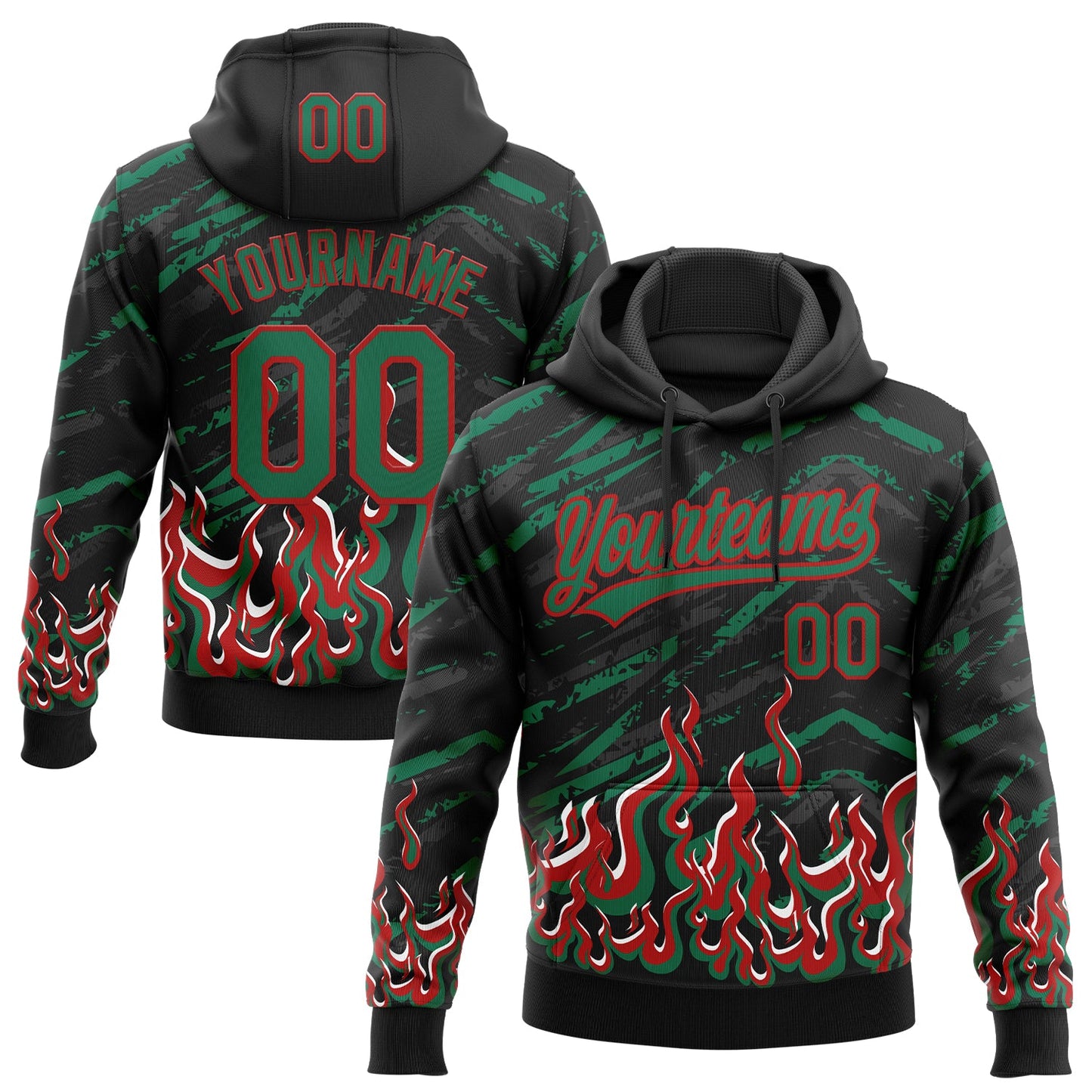 Custom Stitched Black Kelly Green Red-White 3D Pattern Design Flame Sports Pullover Sweatshirt Hoodie - Main View