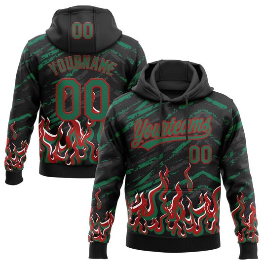 Custom Stitched Black Kelly Green Red-White 3D Pattern Design Flame Sports Pullover Sweatshirt Hoodie - Main View