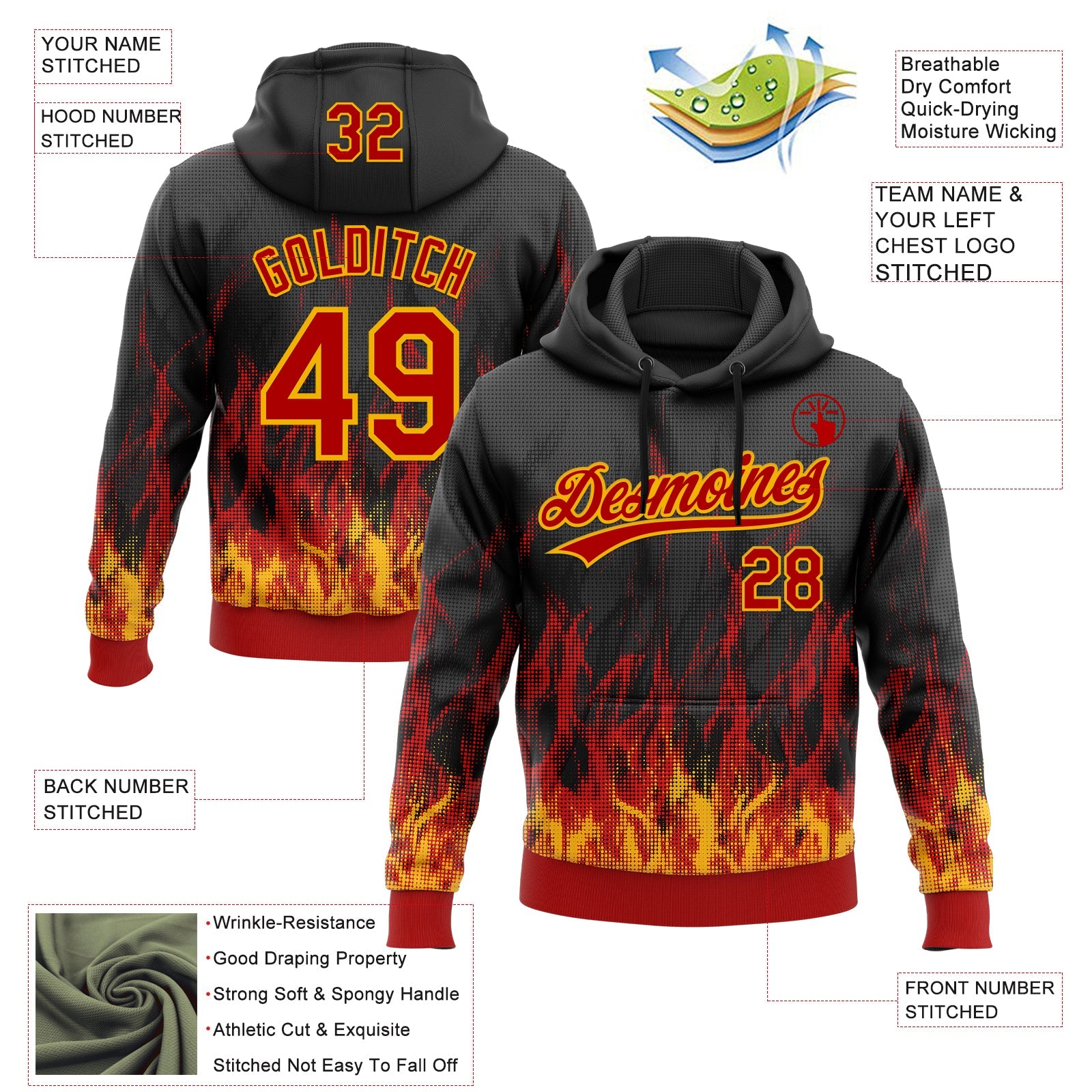 Custom Stitched Black Red-Gold 3D Pattern Design Flame Sports Pullover Sweatshirt Hoodie view 2