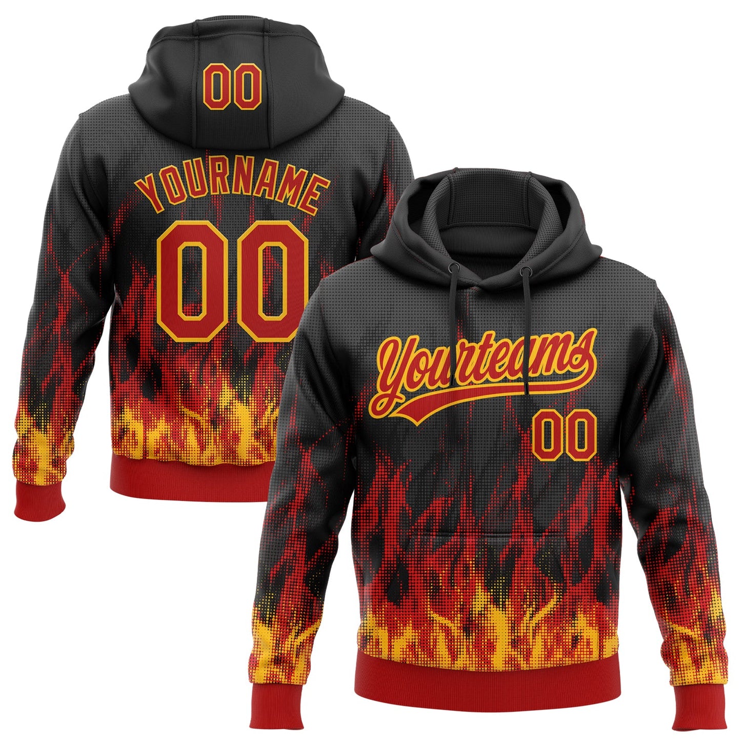 Custom Stitched Black Red-Gold 3D Pattern Design Flame Sports Pullover Sweatshirt Hoodie - Main View
