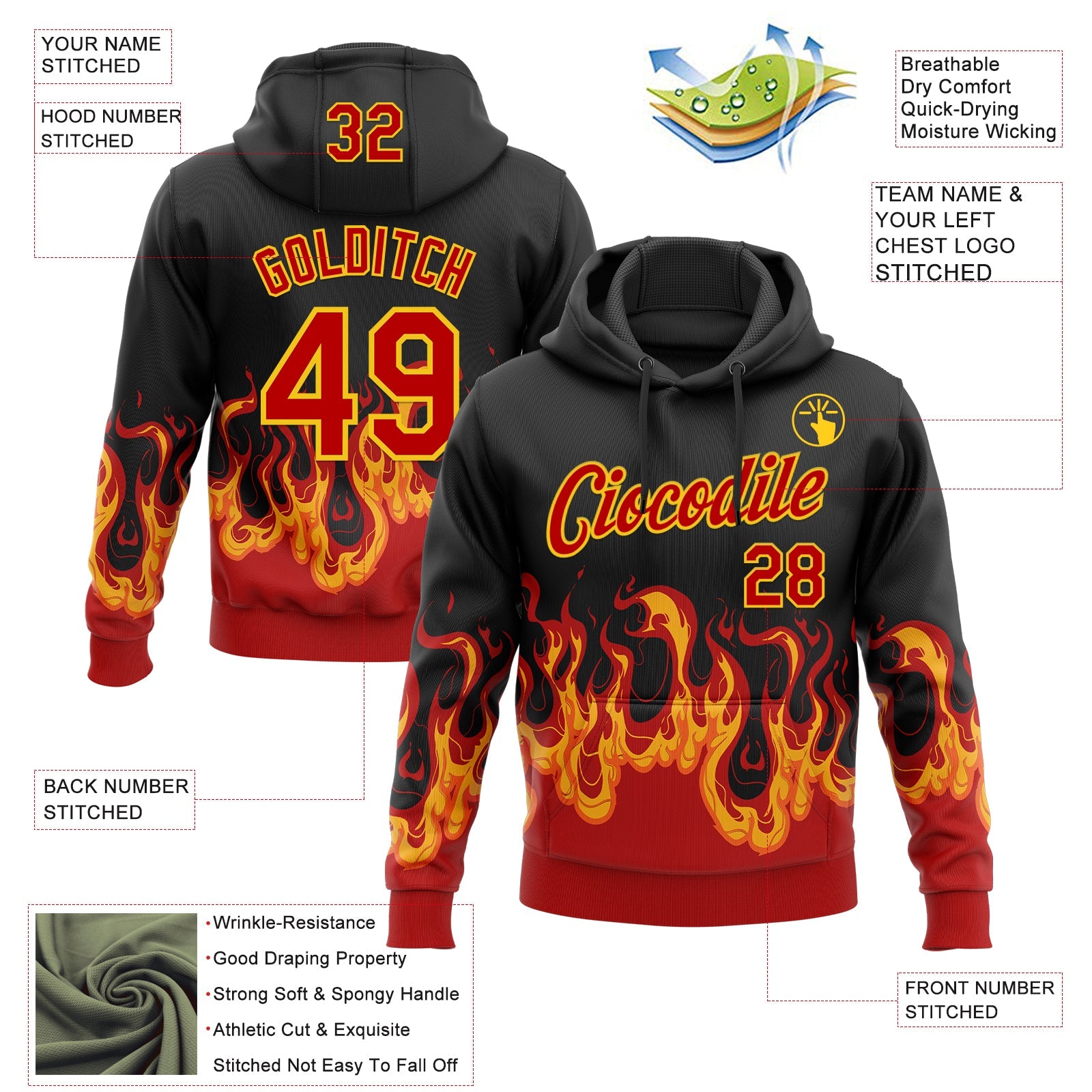 Custom Stitched Black Red-Yellow 3D Pattern Design Flame Sports Pullover Sweatshirt Hoodie view 2