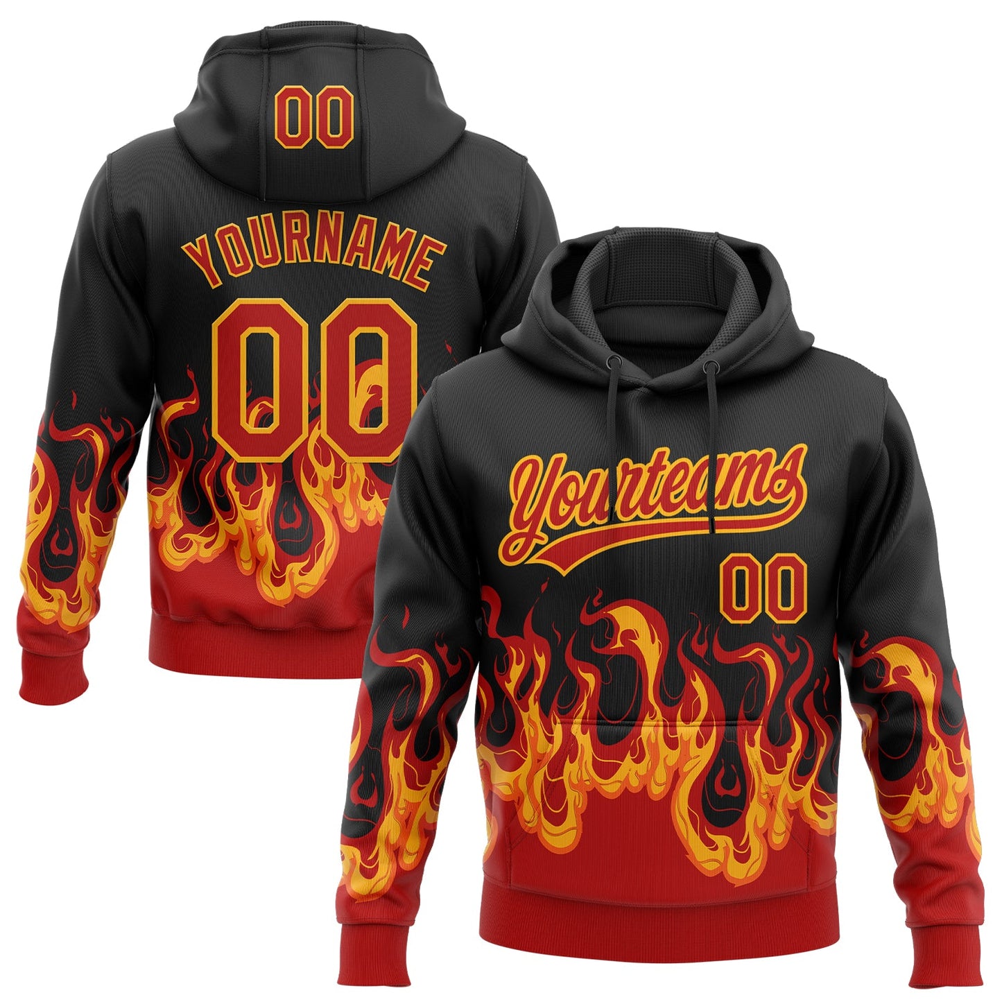Custom Stitched Black Red-Yellow 3D Pattern Design Flame Sports Pullover Sweatshirt Hoodie - Main View