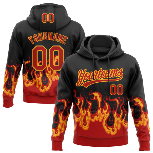 Custom Stitched Black Red-Yellow 3D Pattern Design Flame Sports Pullover Sweatshirt Hoodie - Main View