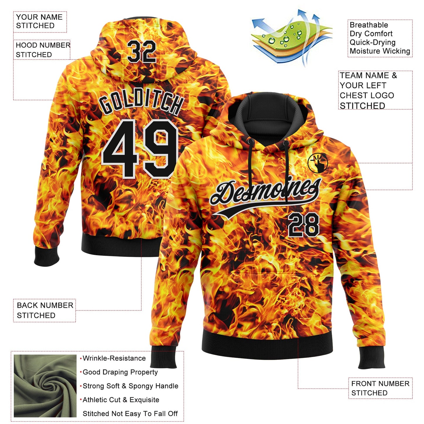 Custom Stitched Black Yellow-White 3D Pattern Design Flame Sports Pullover Sweatshirt Hoodie view 2