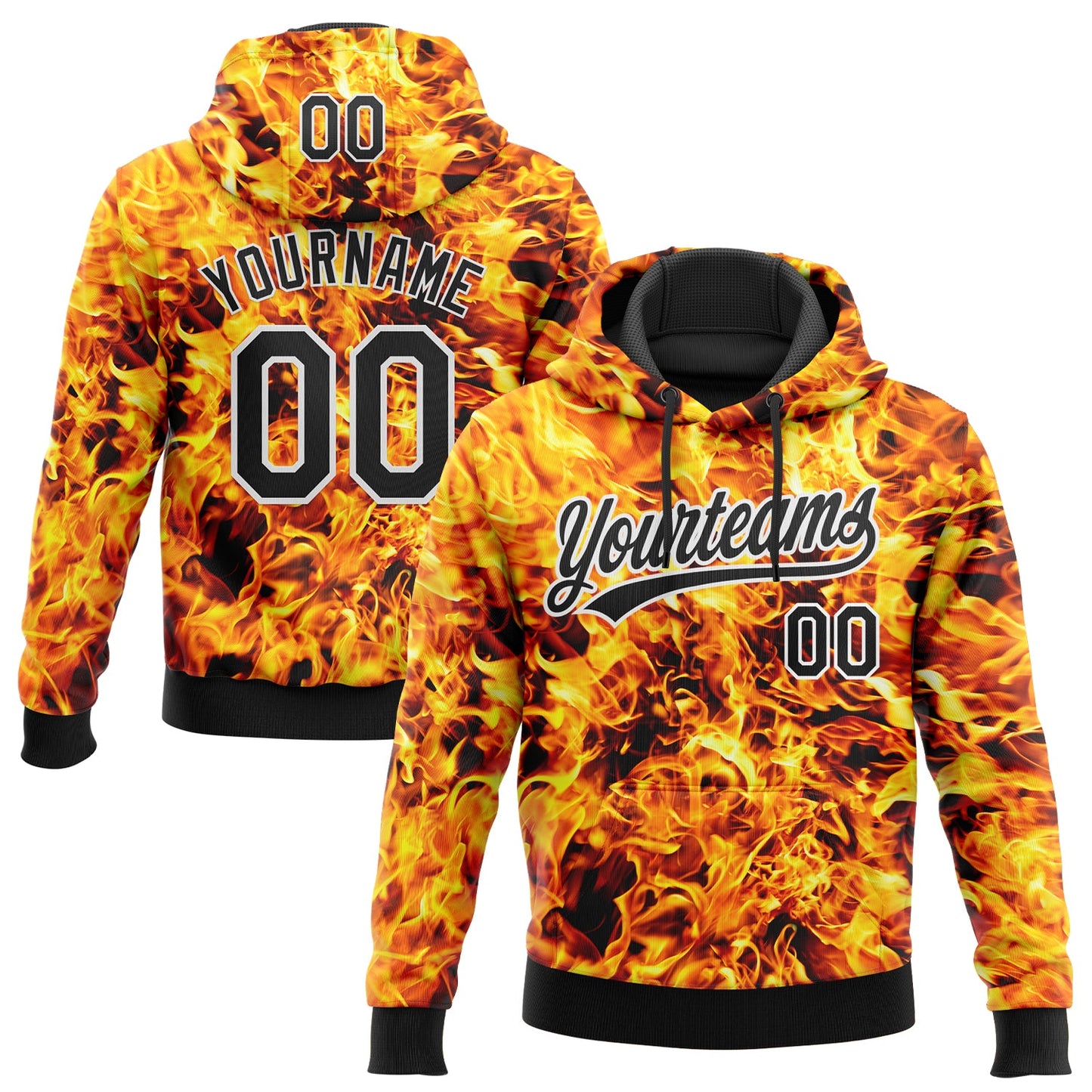 Custom Stitched Black Yellow-White 3D Pattern Design Flame Sports Pullover Sweatshirt Hoodie - Main View