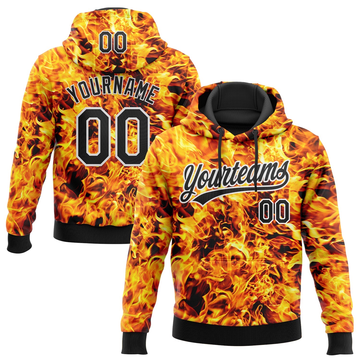 Custom Stitched Black Yellow-White 3D Pattern Design Flame Sports Pullover Sweatshirt Hoodie - Main View