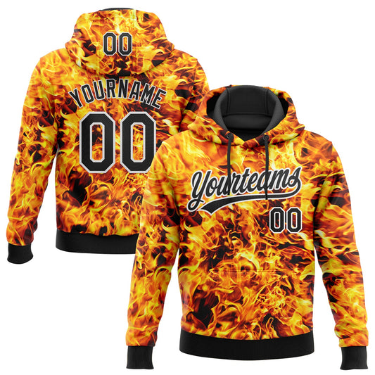 Custom Stitched Black Yellow-White 3D Pattern Design Flame Sports Pullover Sweatshirt Hoodie - Main View