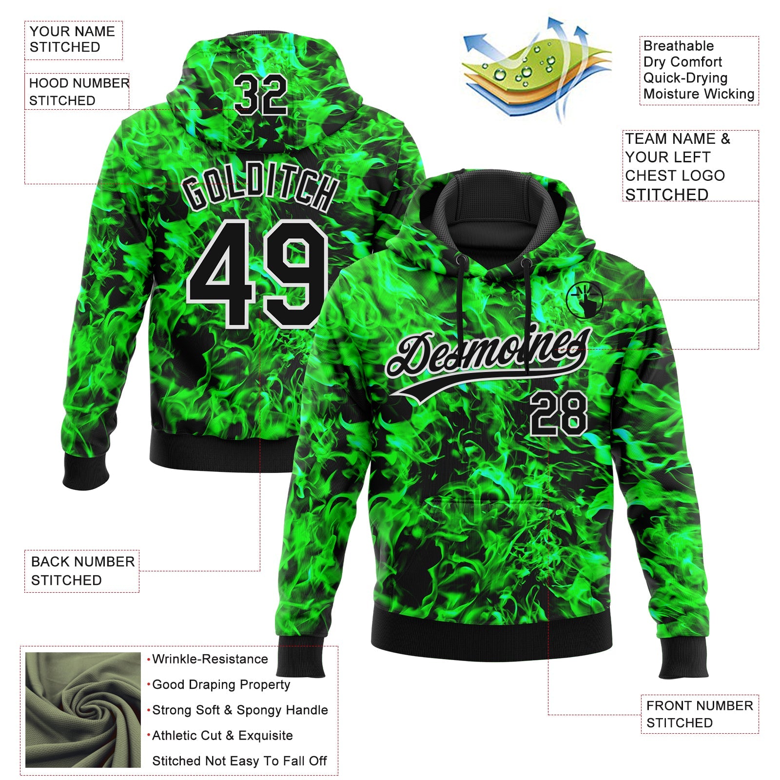 Custom Stitched Black Green-White 3D Pattern Design Flame Sports Pullover Sweatshirt Hoodie view 2