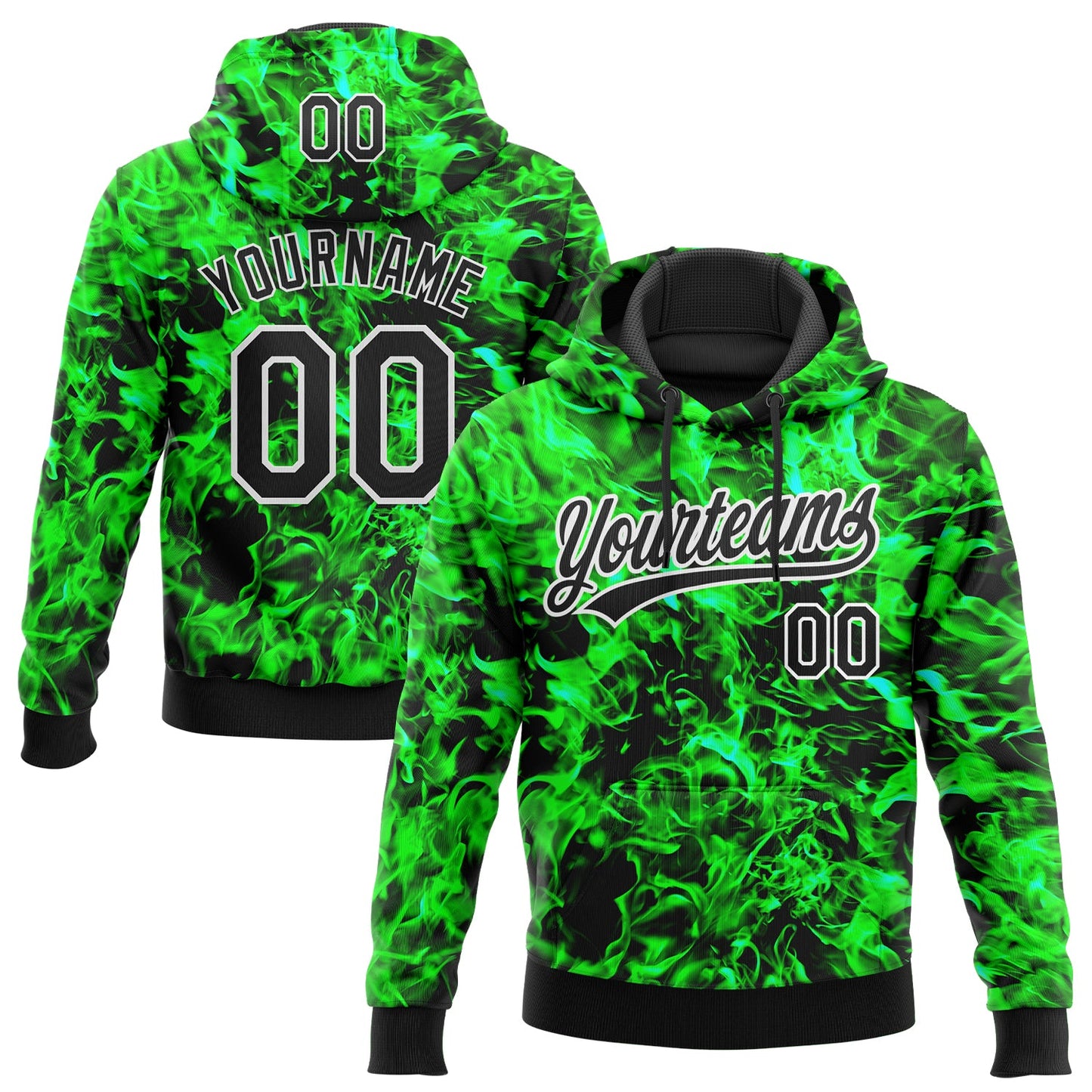 Custom Stitched Black Green-White 3D Pattern Design Flame Sports Pullover Sweatshirt Hoodie - Main View