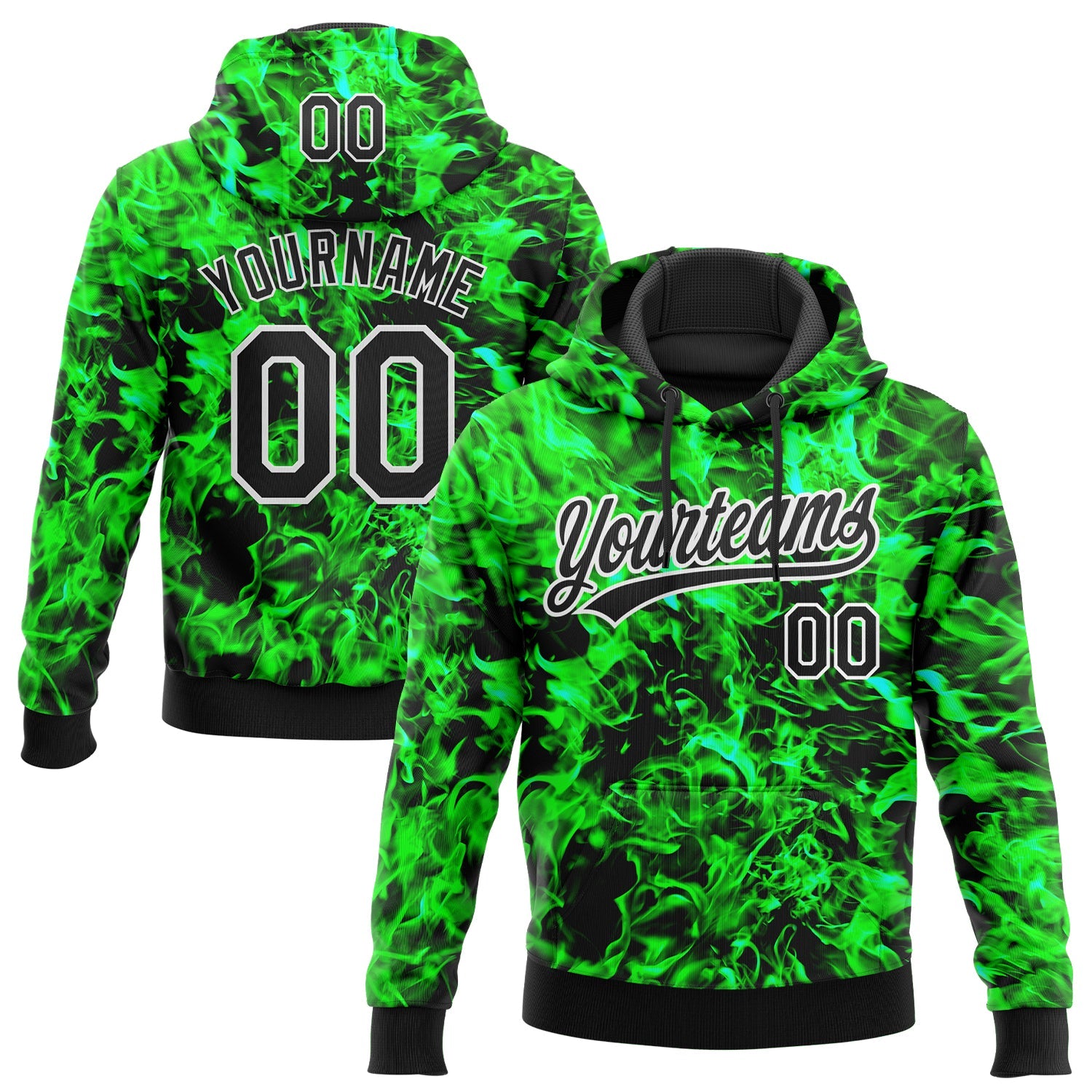 Custom Stitched Black Green-White 3D Pattern Design Flame Sports Pullover Sweatshirt Hoodie - Main View