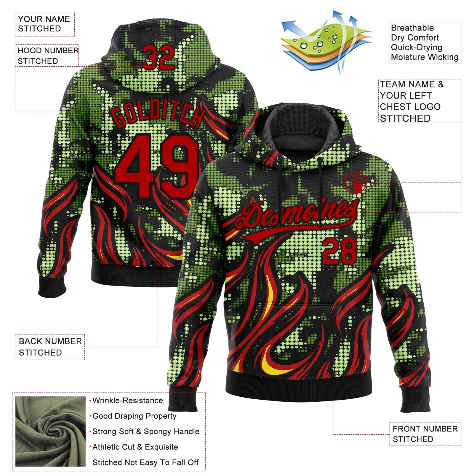 Custom Stitched Black Red Green-Yellow 3D Pattern Design Flame Sports Pullover Sweatshirt Hoodie view 2