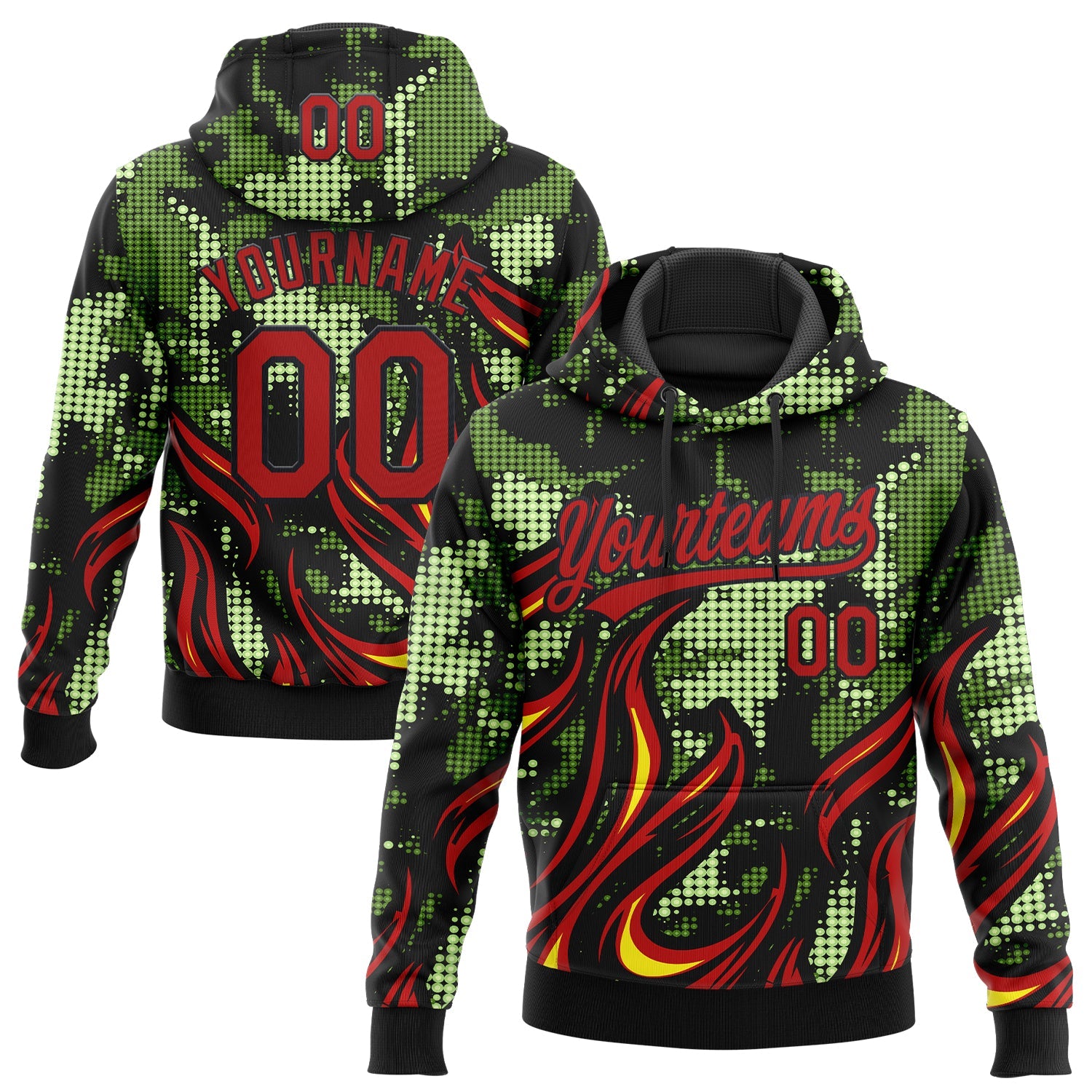 Custom Stitched Black Red Green-Yellow 3D Pattern Design Flame Sports Pullover Sweatshirt Hoodie - Main View