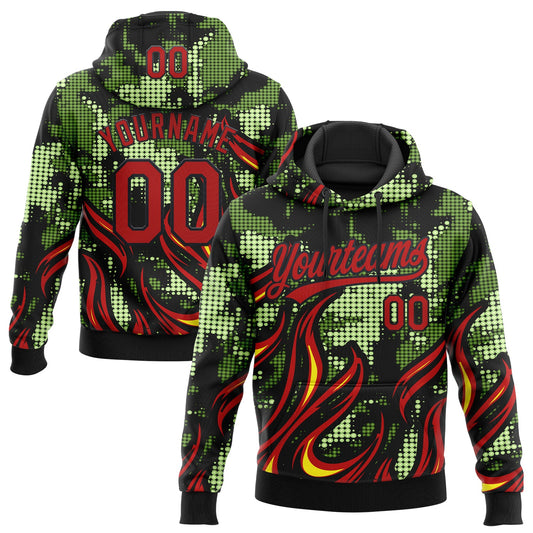 Custom Stitched Black Red Green-Yellow 3D Pattern Design Flame Sports Pullover Sweatshirt Hoodie - Main View