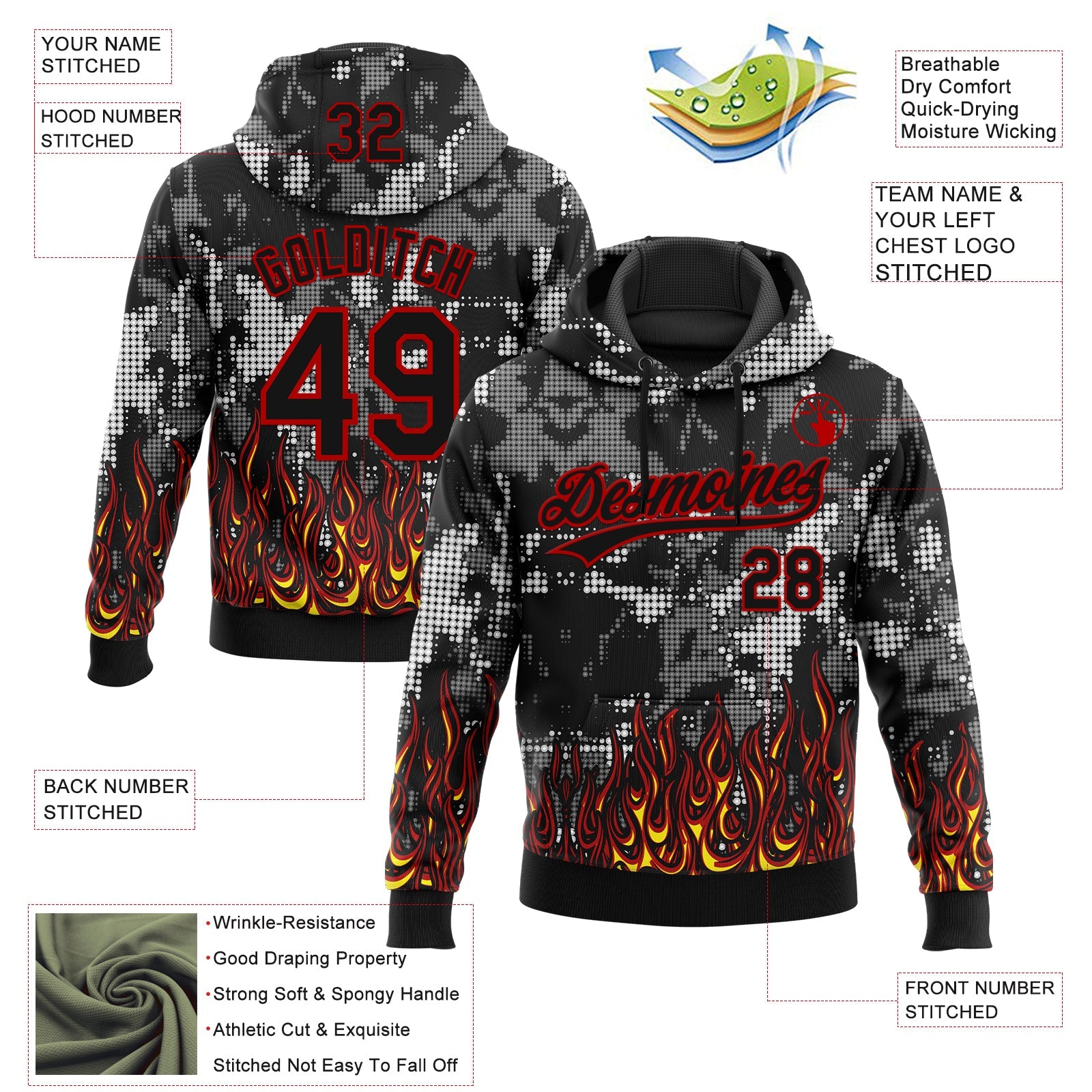 Custom Stitched Black Yellow Red-White 3D Pattern Design Flame Sports Pullover Sweatshirt Hoodie view 2