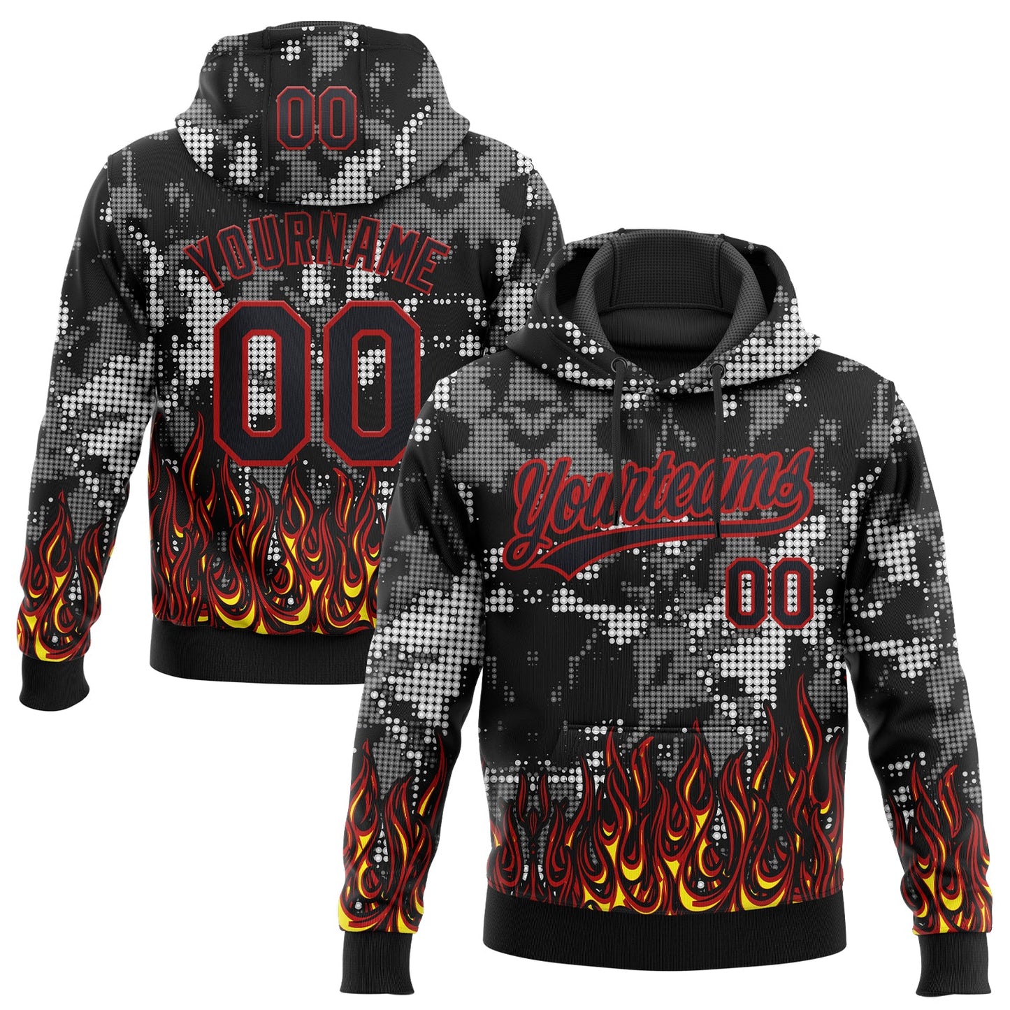 Custom Stitched Black Yellow Red-White 3D Pattern Design Flame Sports Pullover Sweatshirt Hoodie - Main View