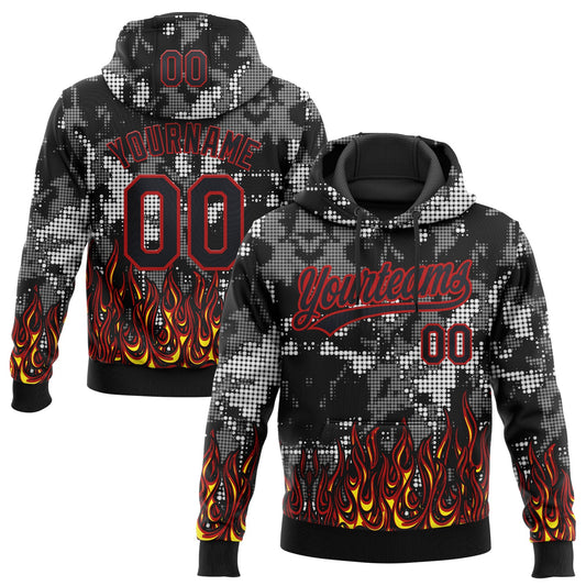 Custom Stitched Black Yellow Red-White 3D Pattern Design Flame Sports Pullover Sweatshirt Hoodie - Main View