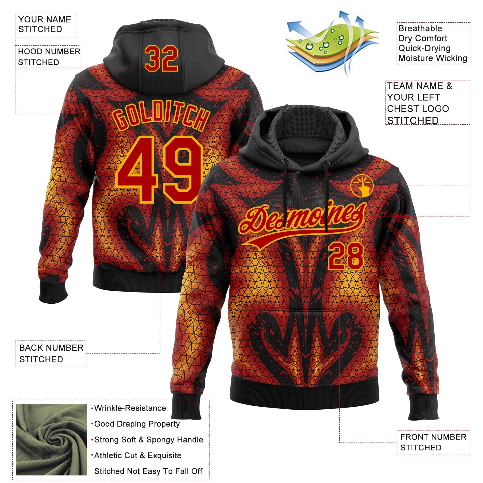 Custom Stitched Black Red-Yellow 3D Pattern Design Flame Sports Pullover Sweatshirt Hoodie view 2
