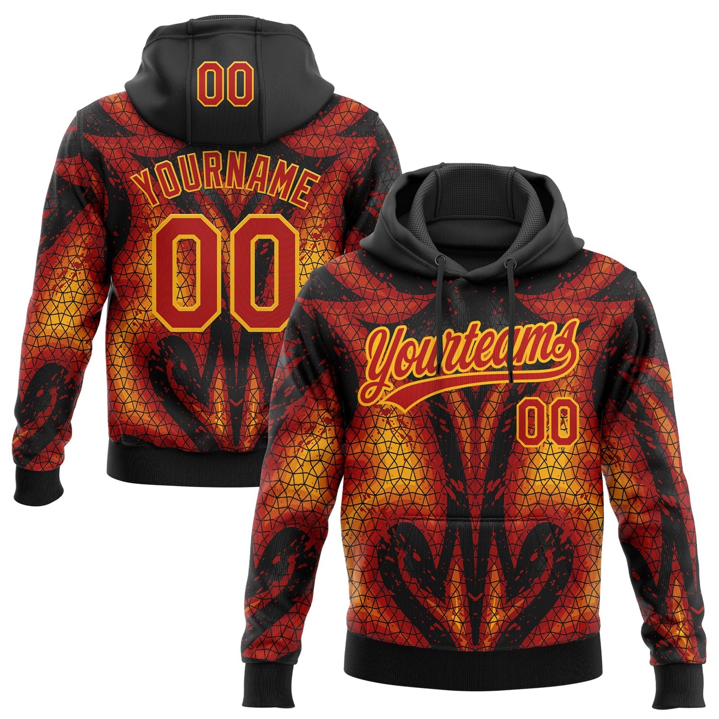 Custom Stitched Black Red-Yellow 3D Pattern Design Flame Sports Pullover Sweatshirt Hoodie - Main View