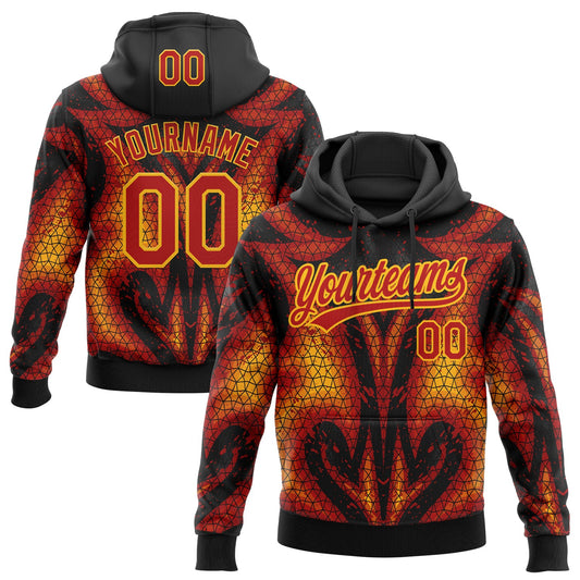 Custom Stitched Black Red-Yellow 3D Pattern Design Flame Sports Pullover Sweatshirt Hoodie - Main View