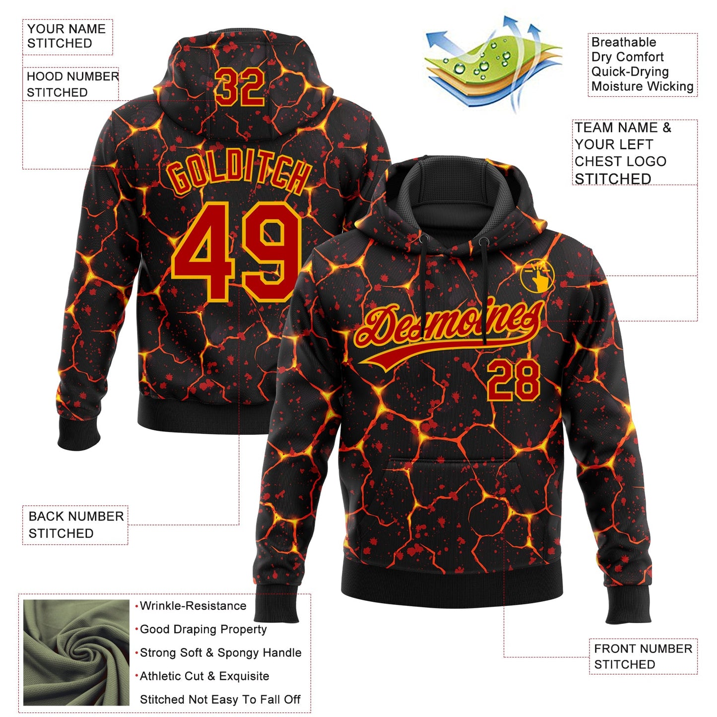 Custom Stitched Black Red-Yellow 3D Pattern Design Flame Sports Pullover Sweatshirt Hoodie view 2