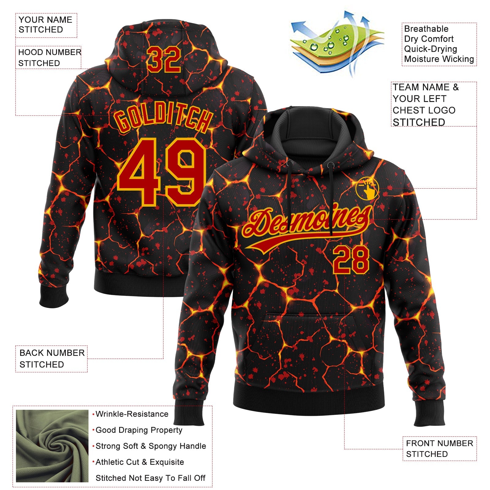 Custom Stitched Black Red-Yellow 3D Pattern Design Flame Sports Pullover Sweatshirt Hoodie view 2