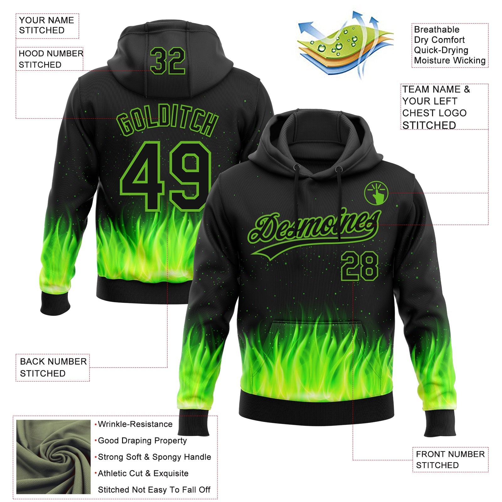Custom Stitched Black Neon Green 3D Pattern Design Flame Sports Pullover Sweatshirt Hoodie view 2