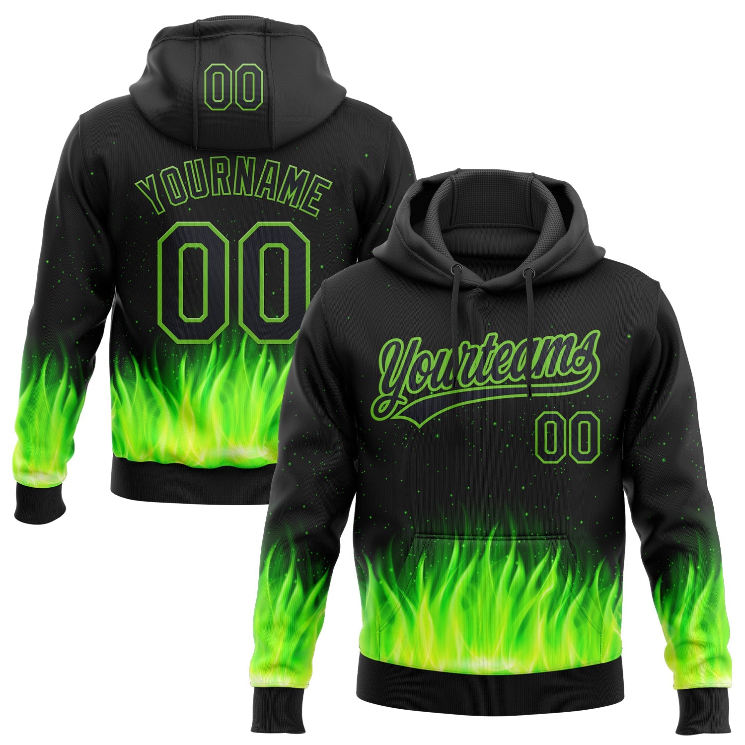 Custom Stitched Black Neon Green 3D Pattern Design Flame Sports Pullover Sweatshirt Hoodie - Main View