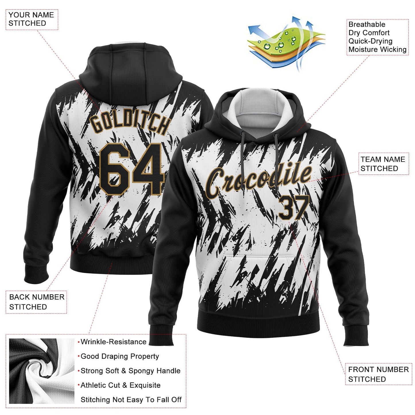 Custom Stitched White Black-Old Gold 3D Pattern Design Sports Pullover Sweatshirt Hoodie view 2