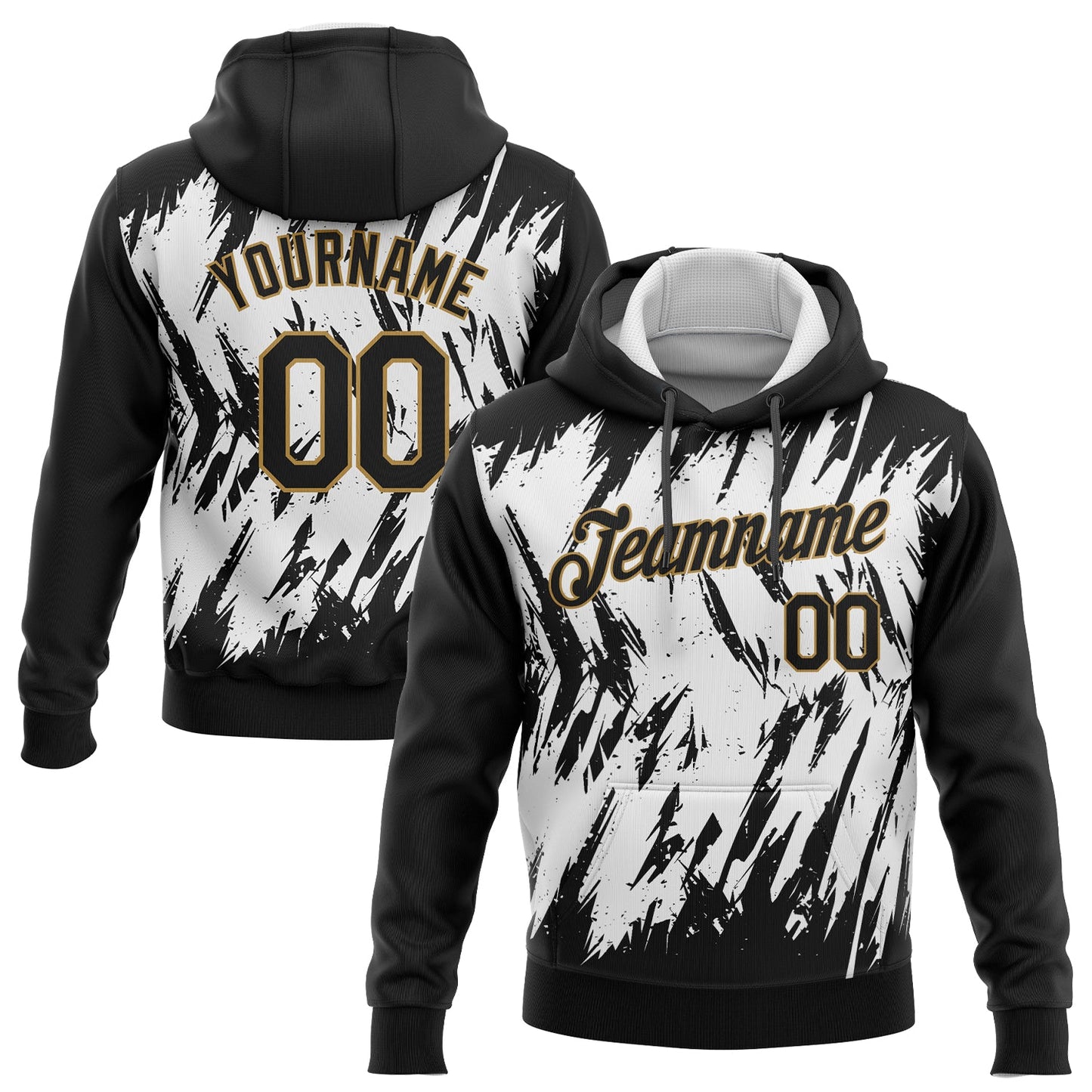 Custom Stitched White Black-Old Gold 3D Pattern Design Sports Pullover Sweatshirt Hoodie - Main View