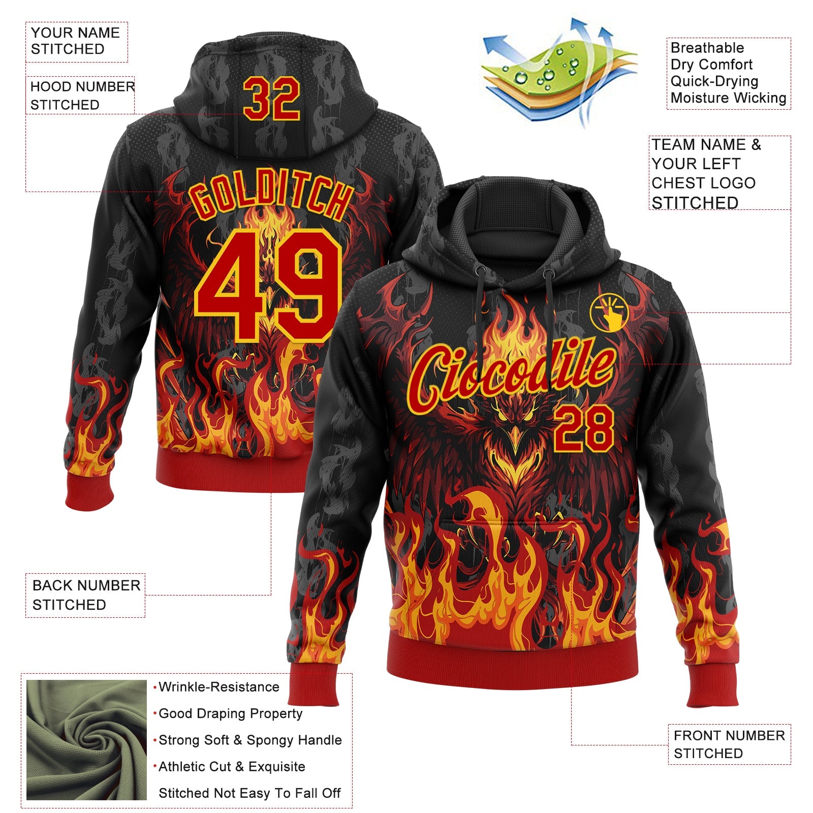 Custom Stitched Black Red-Yellow 3D Pattern Design Flame Phoenix Sports Pullover Sweatshirt Hoodie view 2