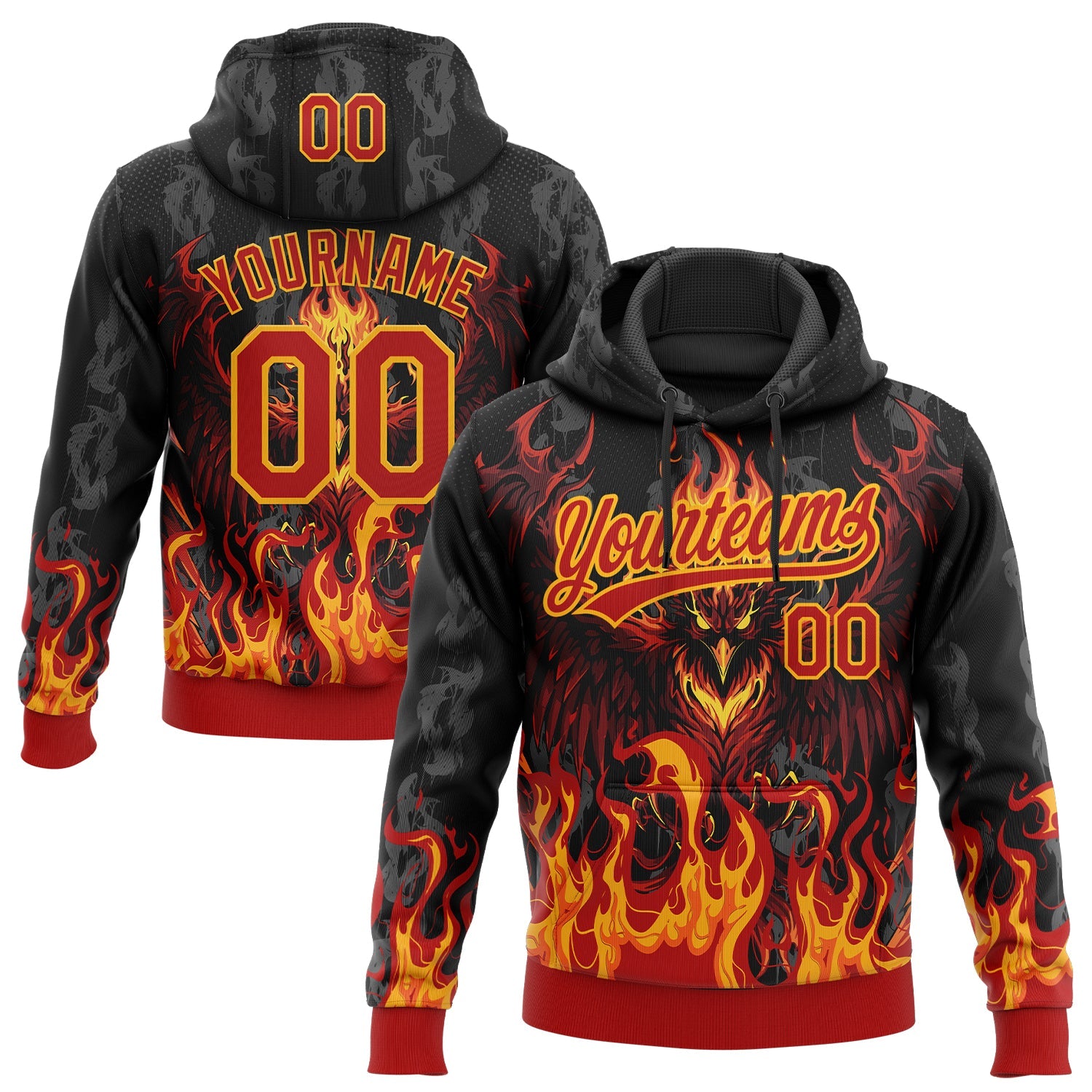 Custom Stitched Black Red-Yellow 3D Pattern Design Flame Phoenix Sports Pullover Sweatshirt Hoodie - Main View