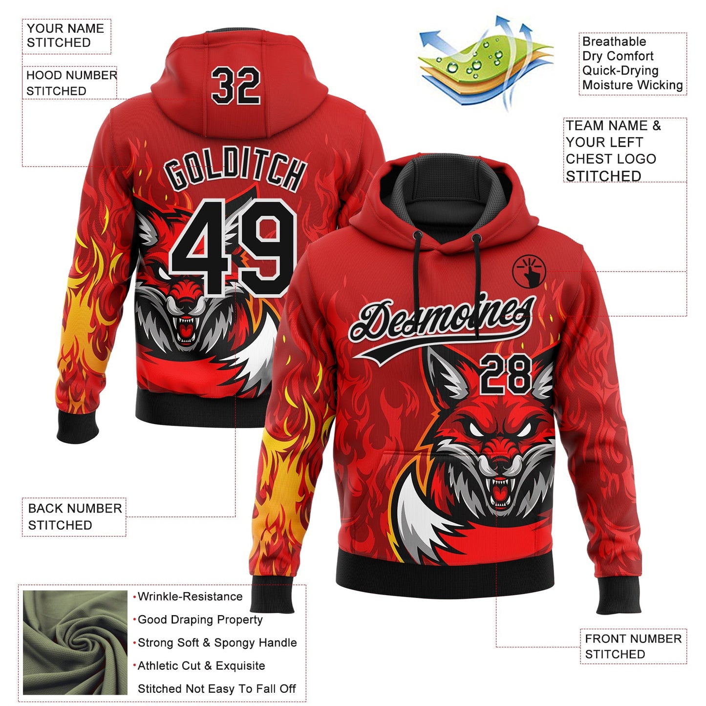 Custom Stitched Red Black Yellow-White 3D Pattern Design Flame Fox Sports Pullover Sweatshirt Hoodie view 2