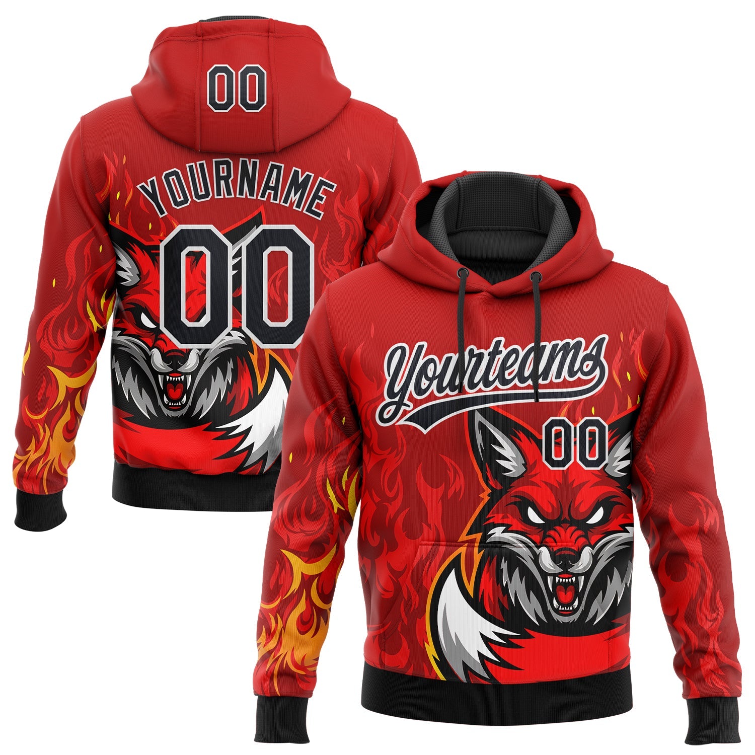 Custom Stitched Red Black Yellow-White 3D Pattern Design Flame Fox Sports Pullover Sweatshirt Hoodie - Main View
