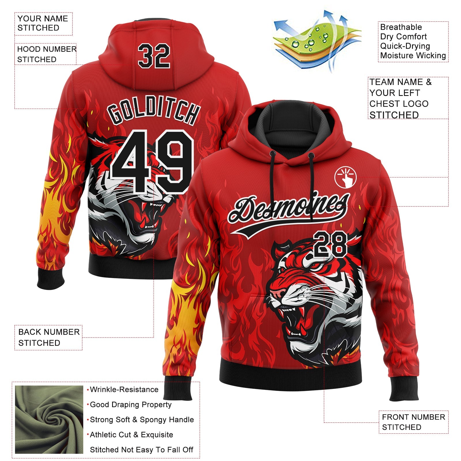 Custom Stitched Red Black Yellow-White 3D Pattern Design Flame Tiger Sports Pullover Sweatshirt Hoodie view 2