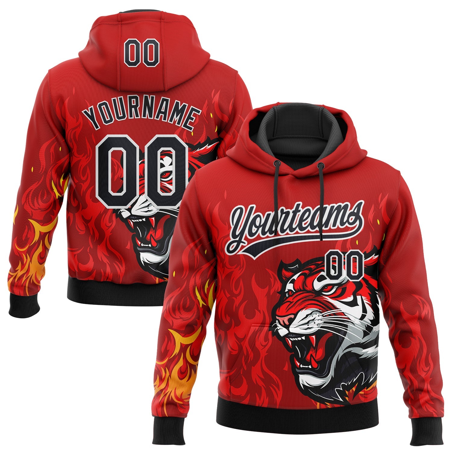 Custom Stitched Red Black Yellow-White 3D Pattern Design Flame Tiger Sports Pullover Sweatshirt Hoodie - Main View