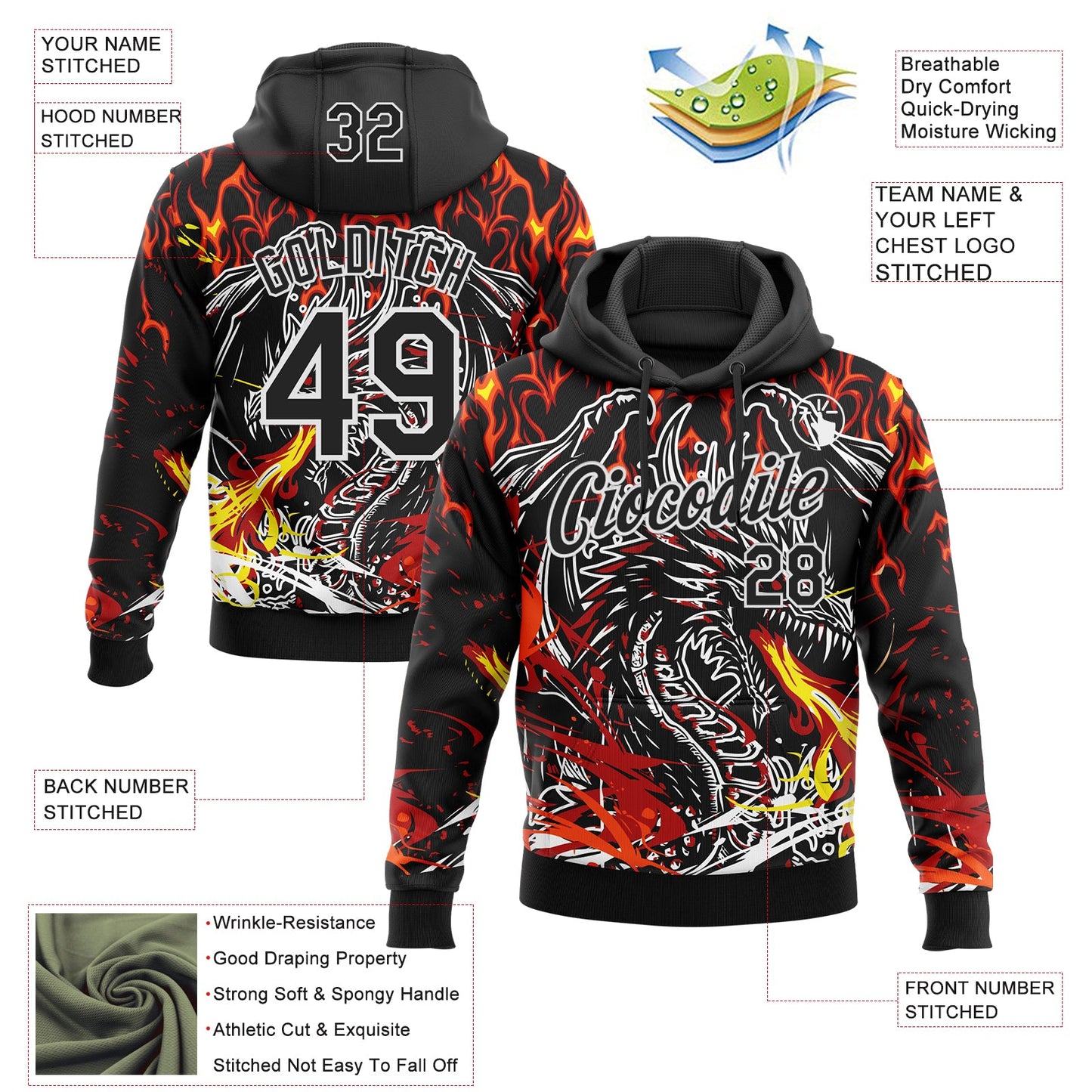Custom Stitched Black Red Yellow-White 3D Pattern Design Flame Dragon Sports Pullover Sweatshirt Hoodie view 2