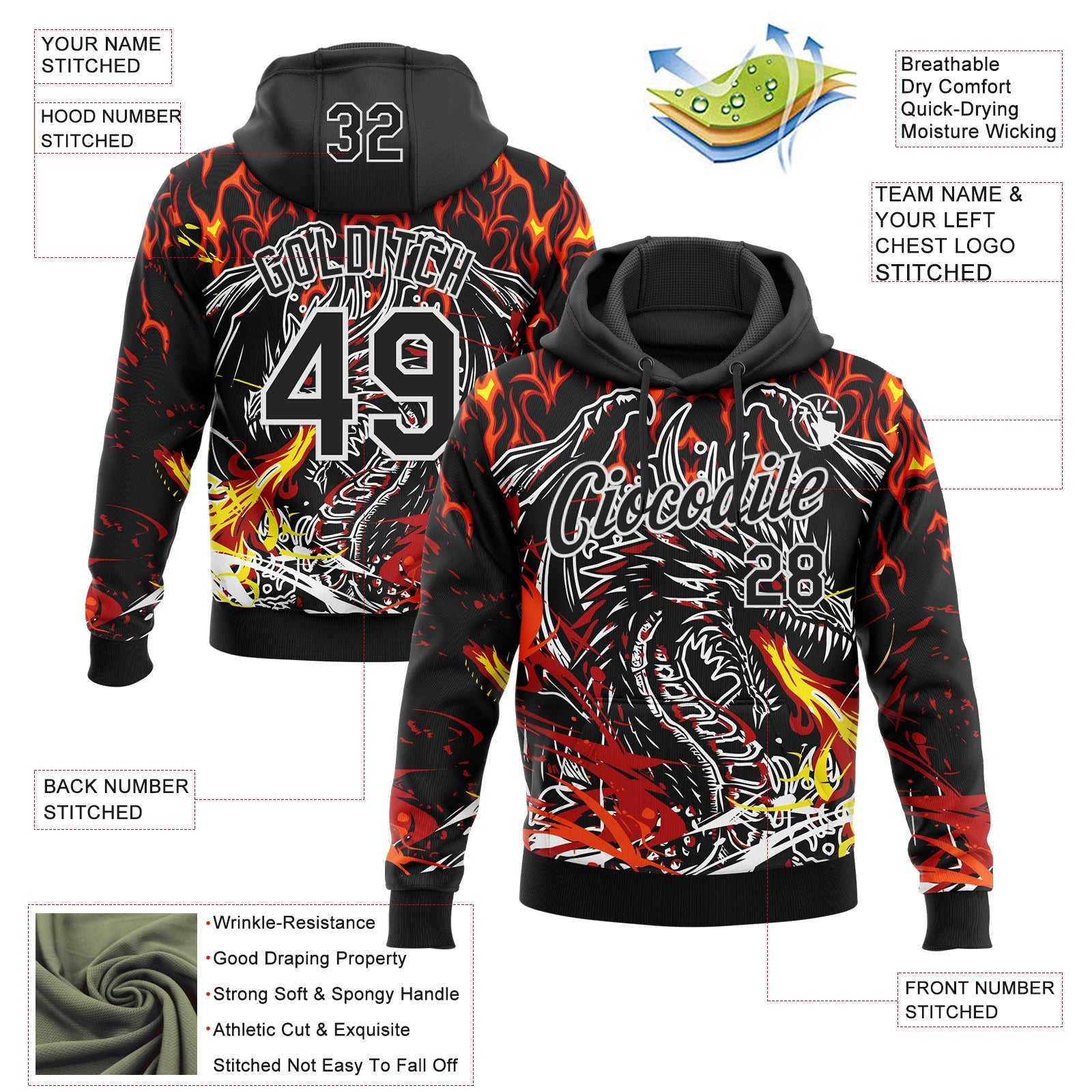 Custom Stitched Black Red Yellow-White 3D Pattern Design Flame Dragon Sports Pullover Sweatshirt Hoodie view 2